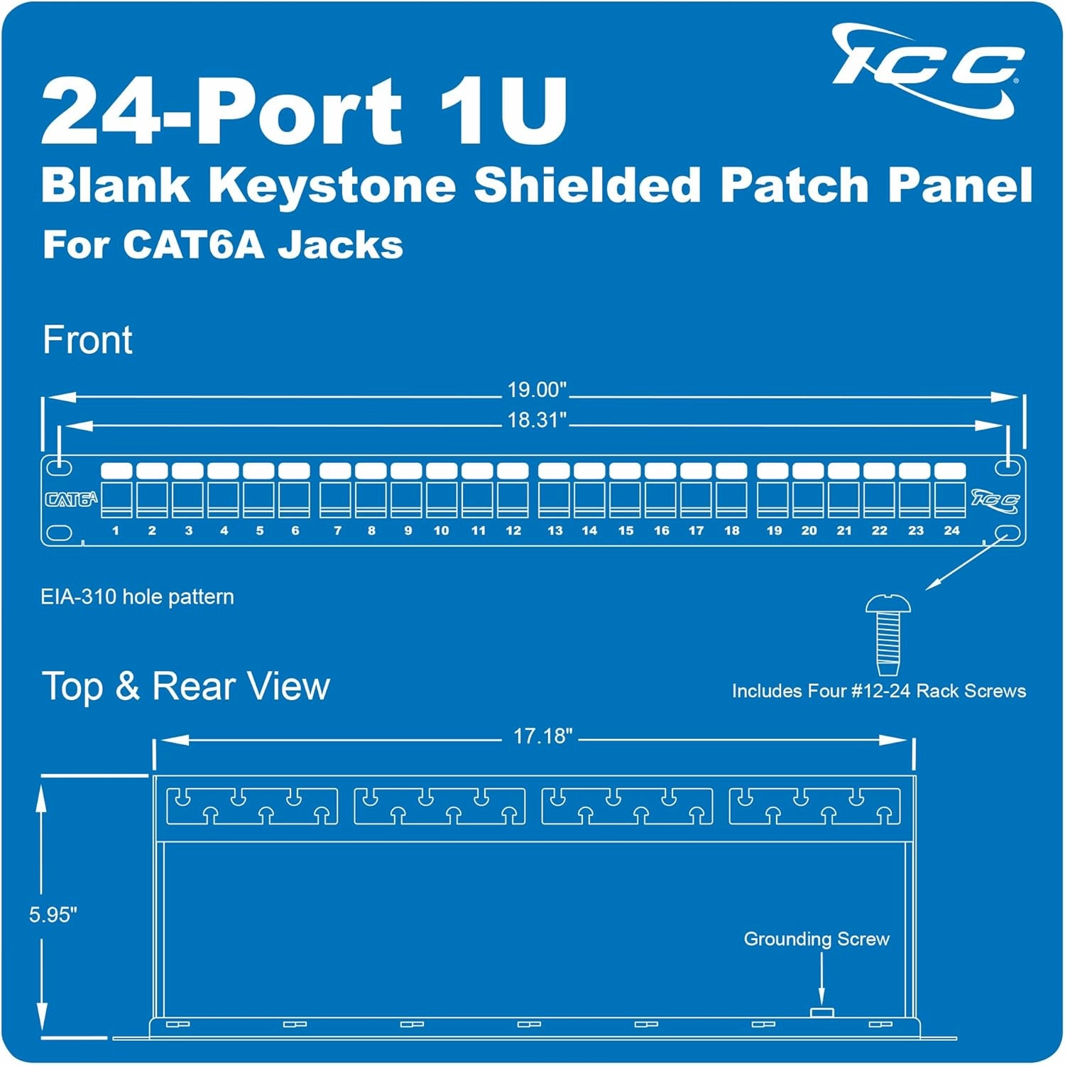 ICC 24-Port CAT6A Keystone Shielded 1U Patch Panel with CAT6A Shielded Keystone Jacks, 19 Rackmount Housing and Cable Support Bar, Protects Against EMI, UL Listed PoE   Compliant, ICMPP246AS
