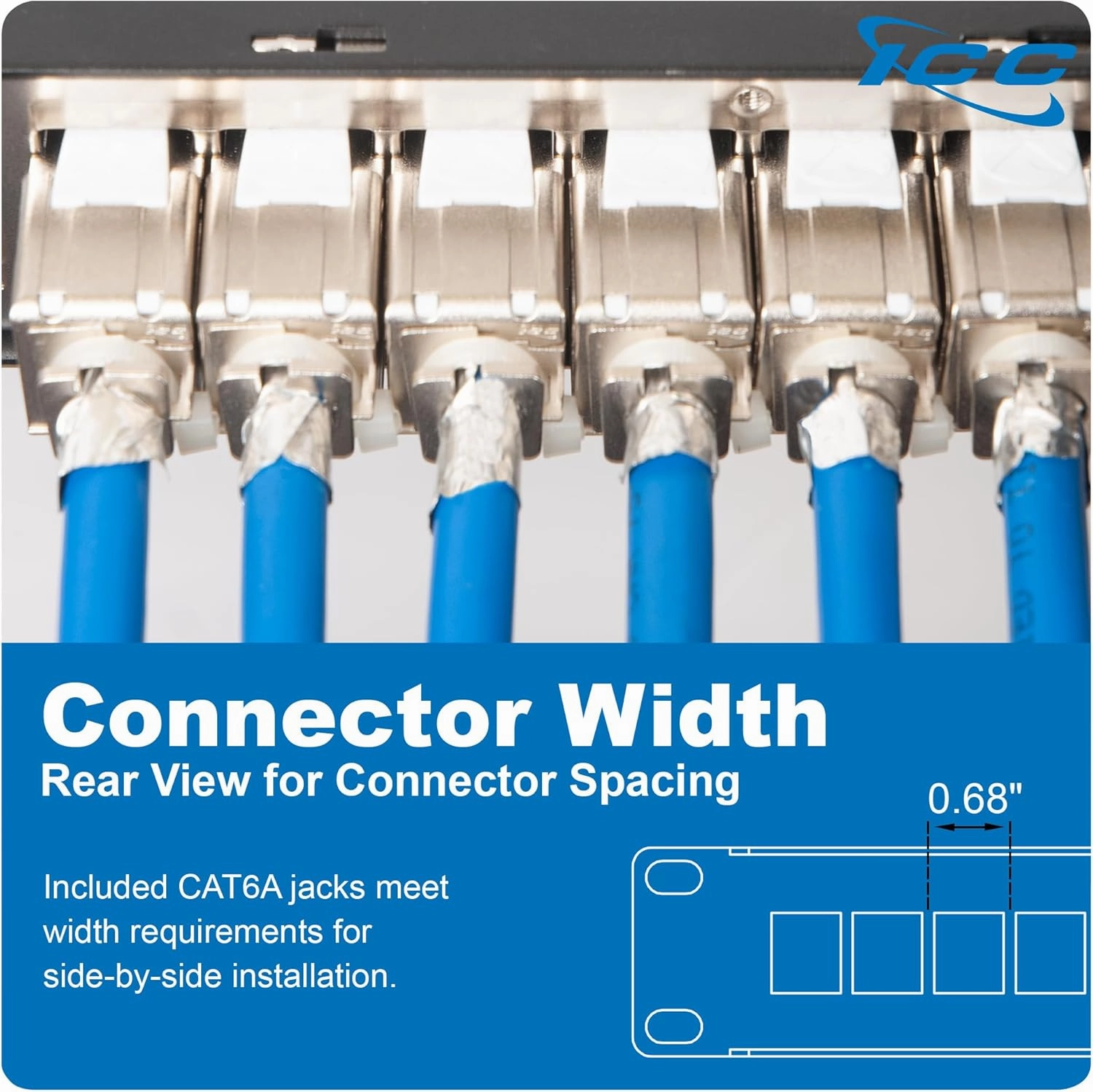 ICC 24-Port CAT6A Keystone Shielded 1U Patch Panel with CAT6A Shielded Keystone Jacks, 19 Rackmount Housing and Cable Support Bar, Protects Against EMI, UL Listed PoE   Compliant, ICMPP246AS