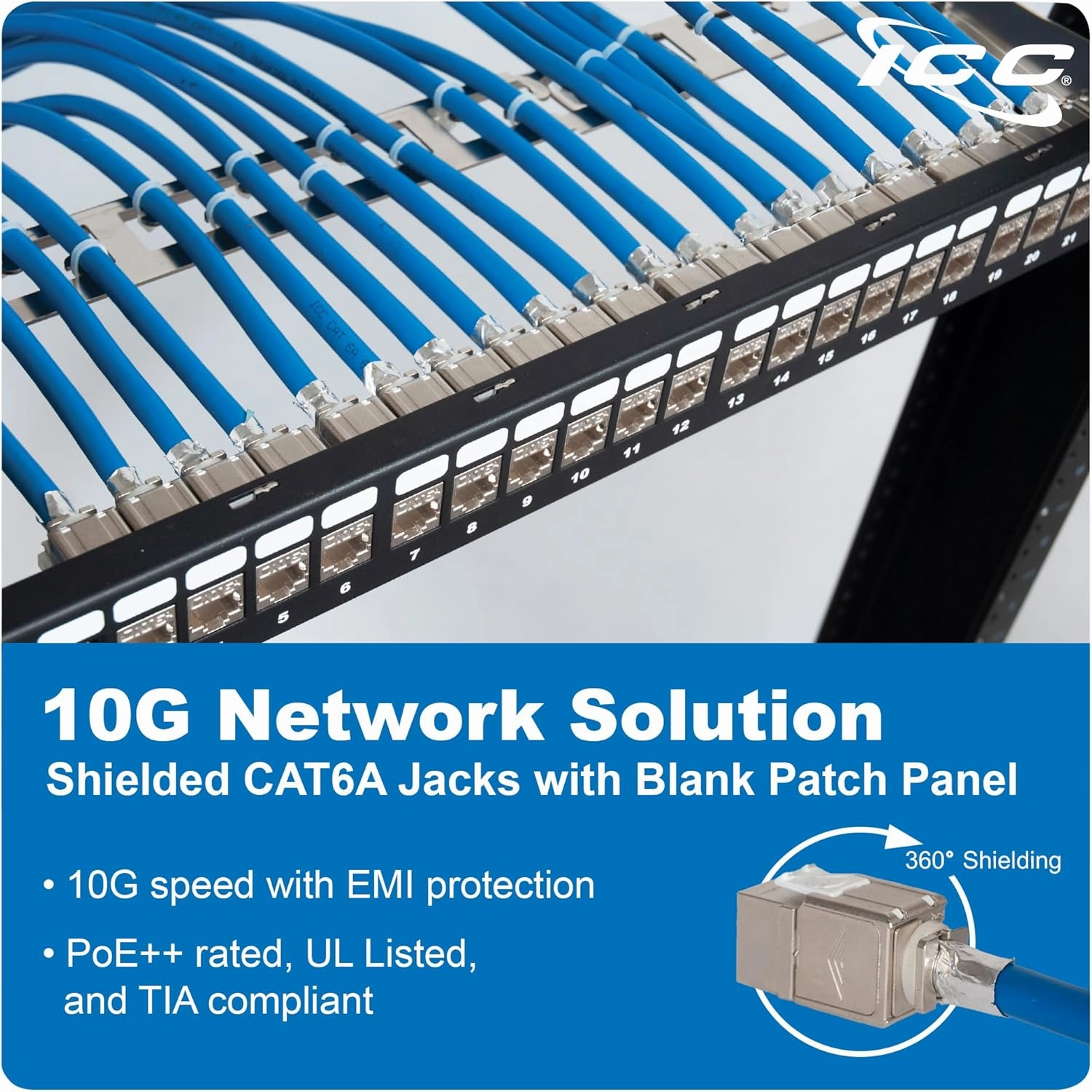 ICC 24-Port CAT6A Keystone Shielded 1U Patch Panel with CAT6A Shielded Keystone Jacks, 19 Rackmount Housing and Cable Support Bar, Protects Against EMI, UL Listed PoE   Compliant, ICMPP246AS
