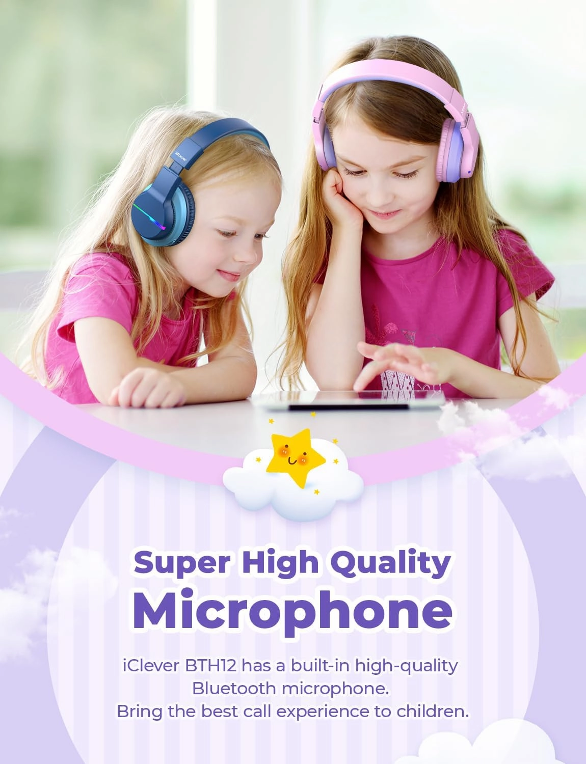iClever BTH12 Kids Bluetooth Headphones,Colorful LED Lights,74/85dBA Safe Volume,85H Playtime,Bluetooth 5.2,Over Ear Headphones Built-in Mic for iPad/Tablet/Airplane,Blossom Pink