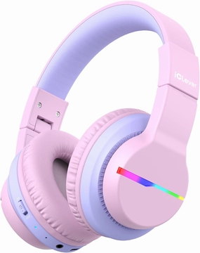 iClever BTH12 Kids Bluetooth Headphones,Colorful LED Lights,74/85dBA Safe Volume,85H Playtime,Bluetooth 5.2,Over Ear Headphones Built-in Mic for iPad/Tablet/Airplane,Blossom Pink over-ear headphones,closed back headphones,wireless studio cans,