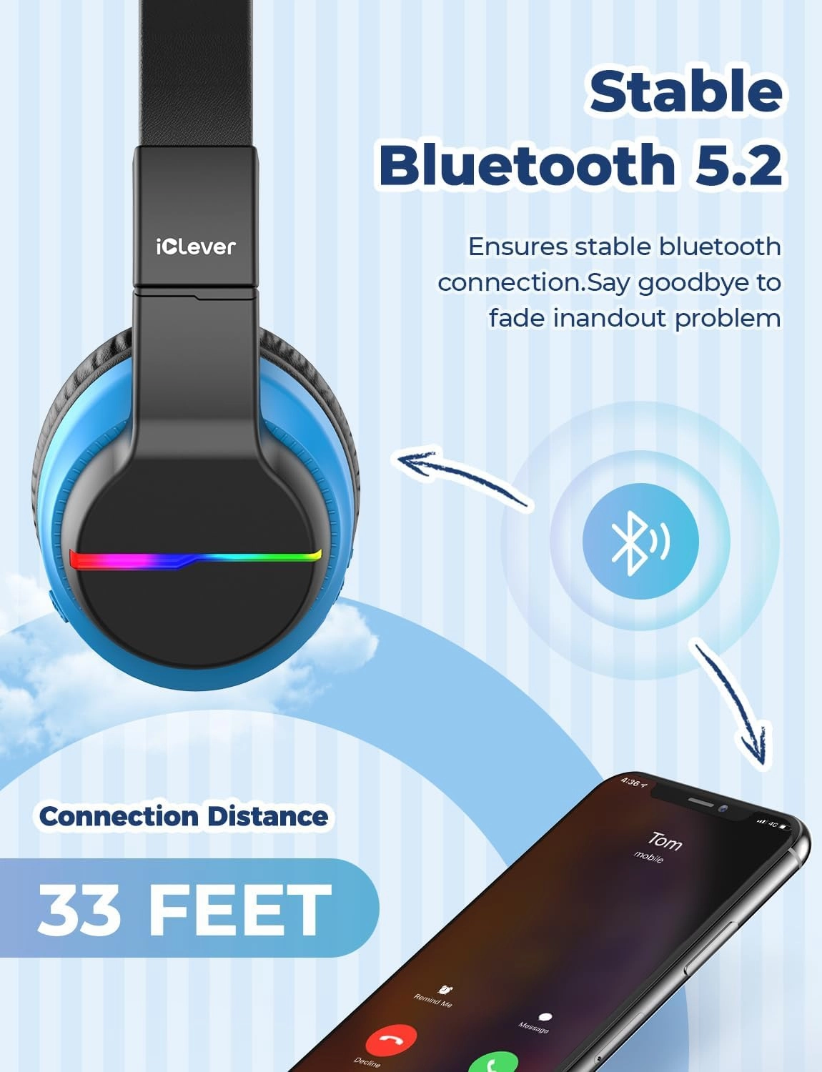 iClever BTH12 Kids Bluetooth Headphones,Colorful LED Lights,74/85dBA Safe Volume,85H Playtime,Bluetooth 5.2,Over Ear Wireless Headphone Built-in Mic for iPad/Tablet/Airplane, Deep Black