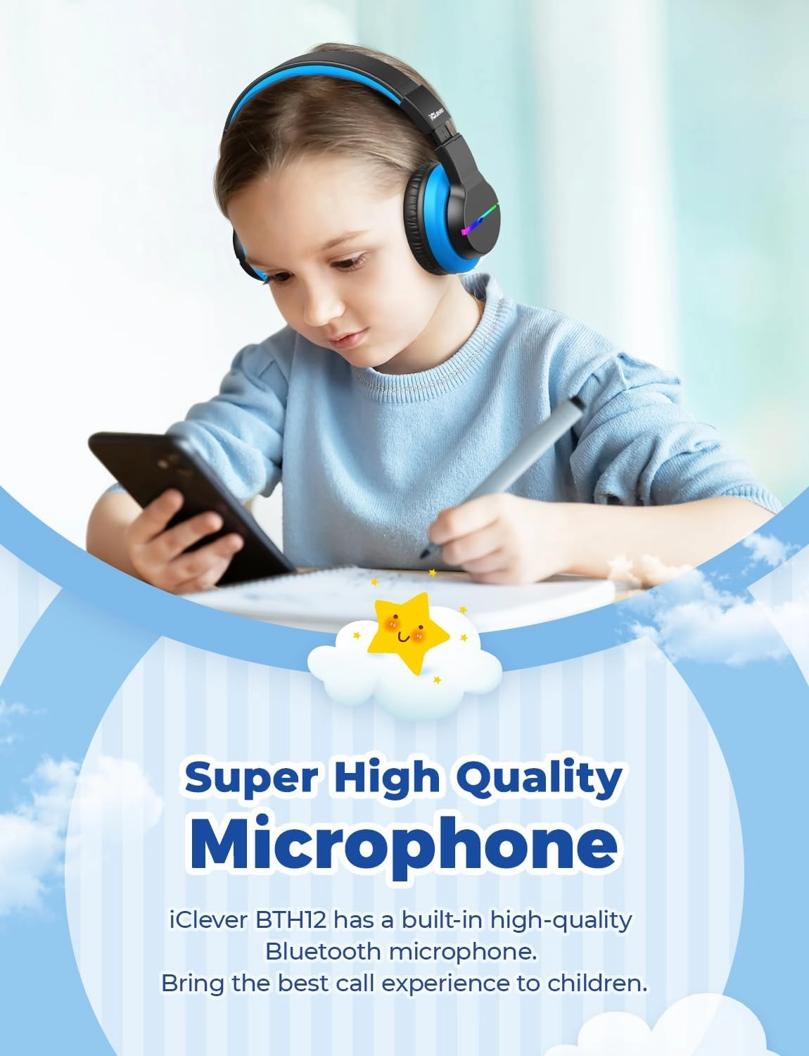 iClever BTH12 Kids Bluetooth Headphones,Colorful LED Lights,74/85dBA Safe Volume,85H Playtime,Bluetooth 5.2,Over Ear Wireless Headphone Built-in Mic for iPad/Tablet/Airplane, Deep Black