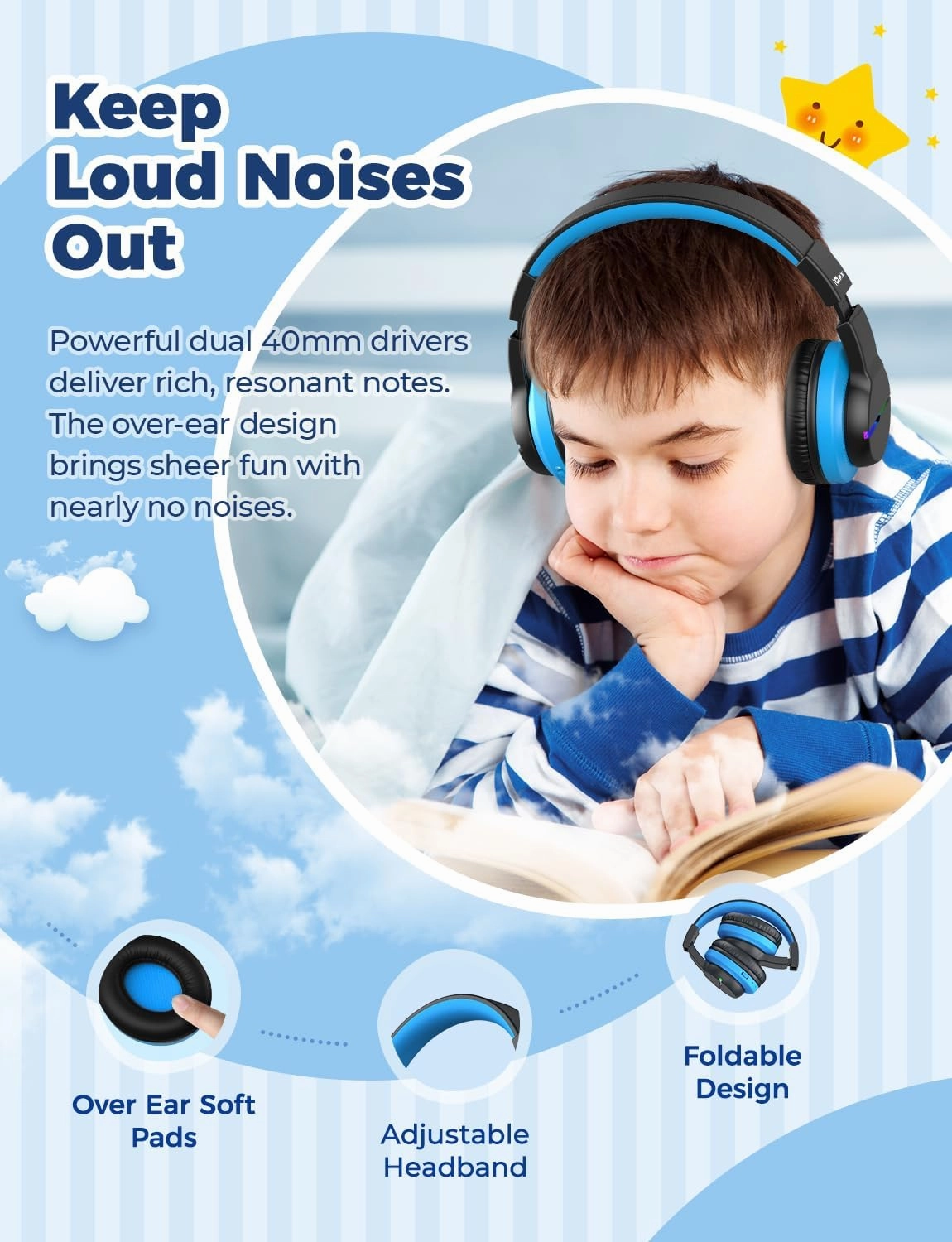 iClever BTH12 Kids Bluetooth Headphones,Colorful LED Lights,74/85dBA Safe Volume,85H Playtime,Bluetooth 5.2,Over Ear Wireless Headphone Built-in Mic for iPad/Tablet/Airplane, Deep Black