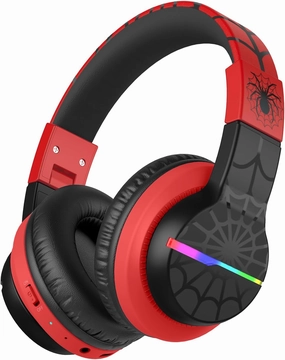 iClever BTH12 Kids Bluetooth Headphones,Colorful LED Lights,74/85dBA Safe Volume,85H Playtime,Fast Charging,Bluetooth 5.2,Over Ear Kids Headphones Wireles for iPad/Tablet/Airplane,Black/Red over-ear headphones,closed back headphones,wireless studio cans,