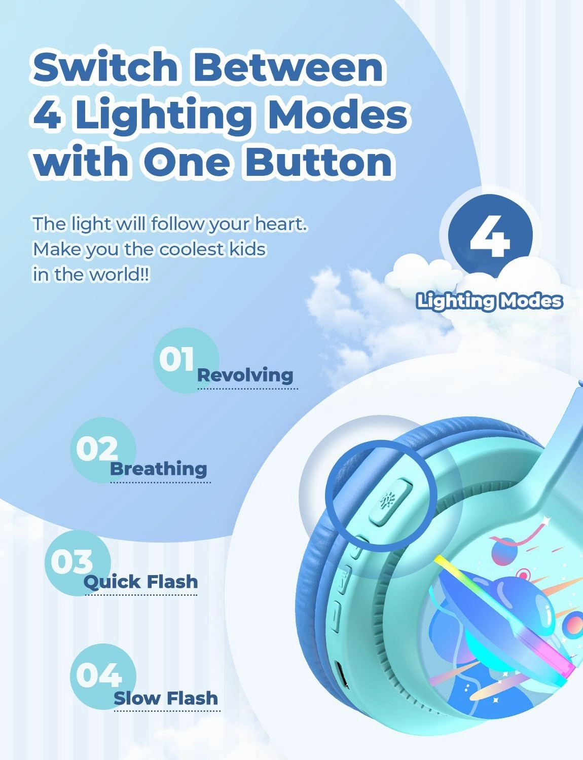 iClever BTH12 Kids Bluetooth Headphones,Colorful LED Lights,74/85dBA Safe Volume,85H Playtime,Fast Charging,Bluetooth 5.2,Over Ear Kids Headphones Wireles for iPad/Tablet/Airplane,Gradient Blue