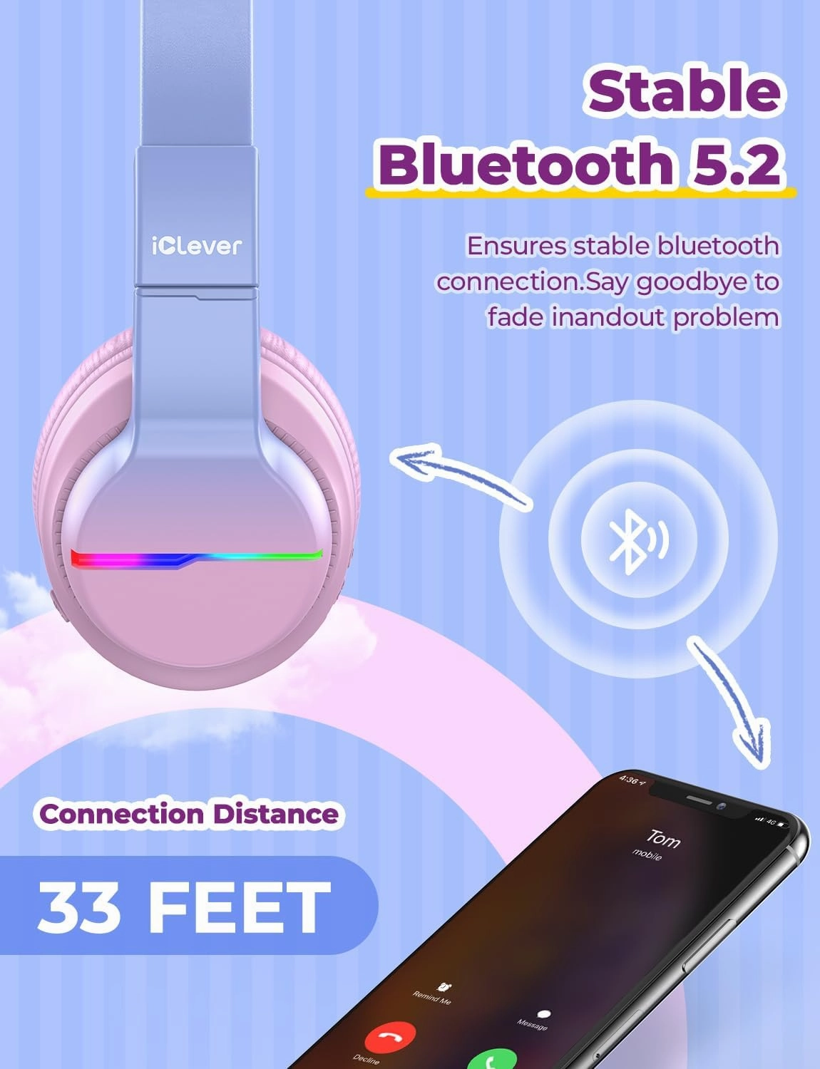 iClever BTH12 Kids Bluetooth Headphones,Colorful LED Lights,74/85dBA Safe Volume,85H Playtime,Fast Charging,Bluetooth 5.2,Over Ear Kids Headphones Wireles for iPad/Tablet/Airplane, Gradient Pink