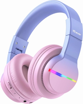 iClever BTH12 Kids Bluetooth Headphones,Colorful LED Lights,74/85dBA Safe Volume,85H Playtime,Fast Charging,Bluetooth 5.2,Over Ear Kids Headphones Wireles for iPad/Tablet/Airplane, Gradient Pink over-ear headphones,closed back headphones,wireless studio ca