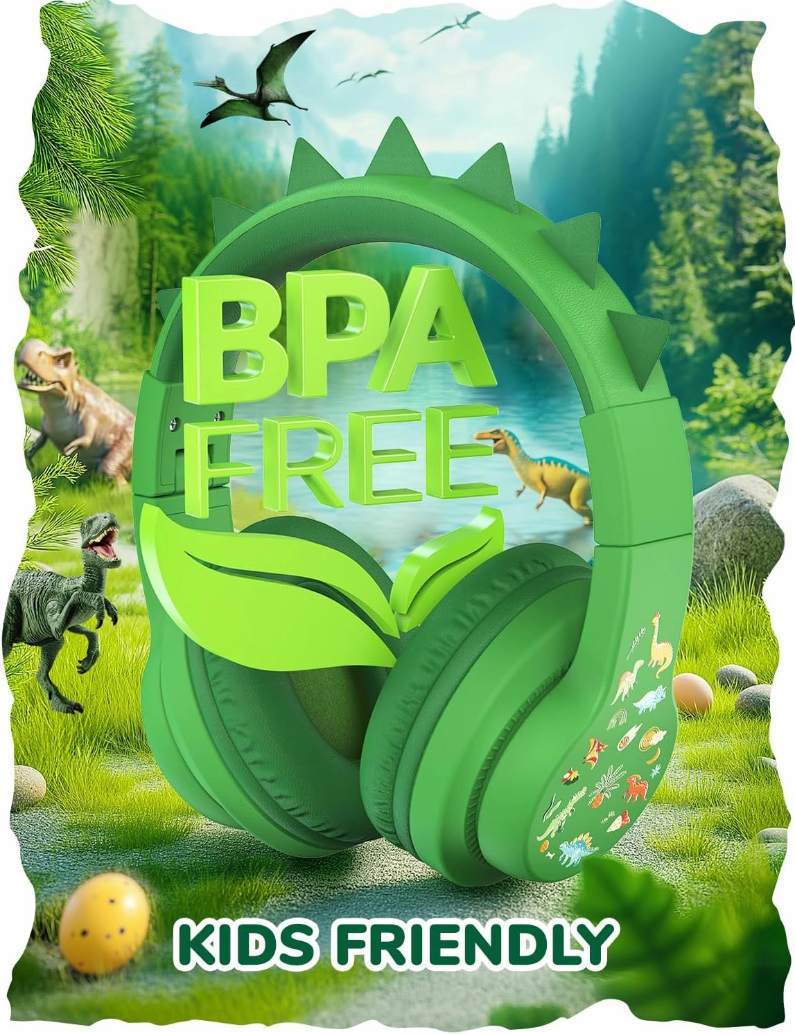 iClever Kids Headphones for School Travel, Safe Volume 85dBA, Stereo Sound Over-Ear for Kid, Foldable 3.5mm Wired Dinosaur Headphones for iPad Computer, HS19S