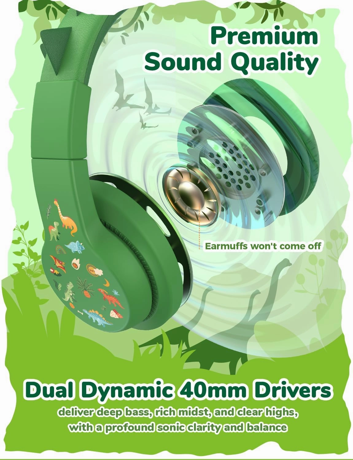 iClever Kids Headphones for School Travel, Safe Volume 85dBA, Stereo Sound Over-Ear for Kid, Foldable 3.5mm Wired Dinosaur Headphones for iPad Computer, HS19S