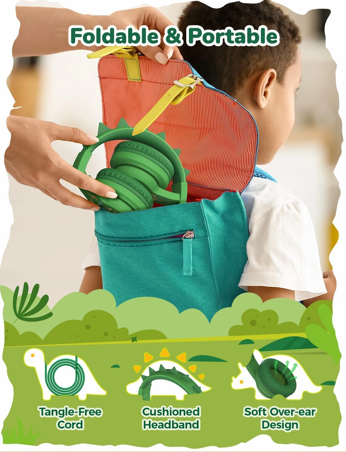 iClever Kids Headphones for School Travel, Safe Volume 85dBA, Stereo Sound Over-Ear for Kid, Foldable 3.5mm Wired Dinosaur Headphones for iPad Computer, HS19S