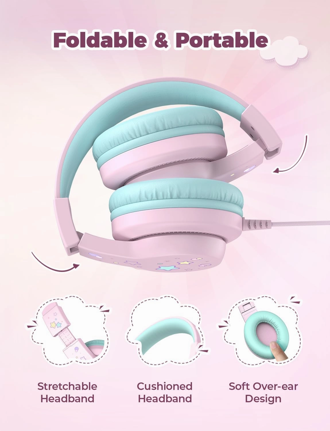 iClever Kids Headphones for School/Travel with Safe Volume 85dBA, HS19S Stereo Sound Over-Ear Girls Boys Headphones for Kids, Foldable 3.5mm Wired Headphone for iPad/Computer