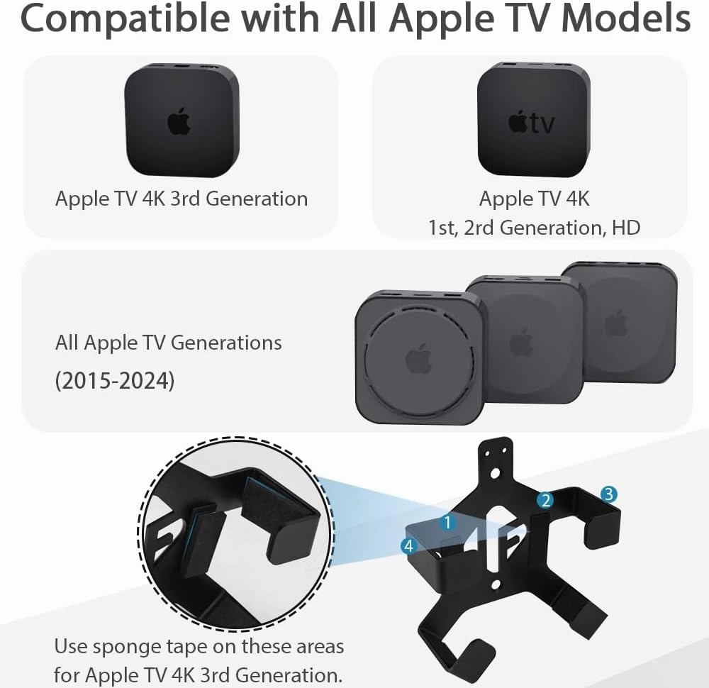IFCASE Wall/Under Desk/Back of TV Mount Compatible with All Apple TV Generations (Including All 4K Models) - 2 Packs (Black)