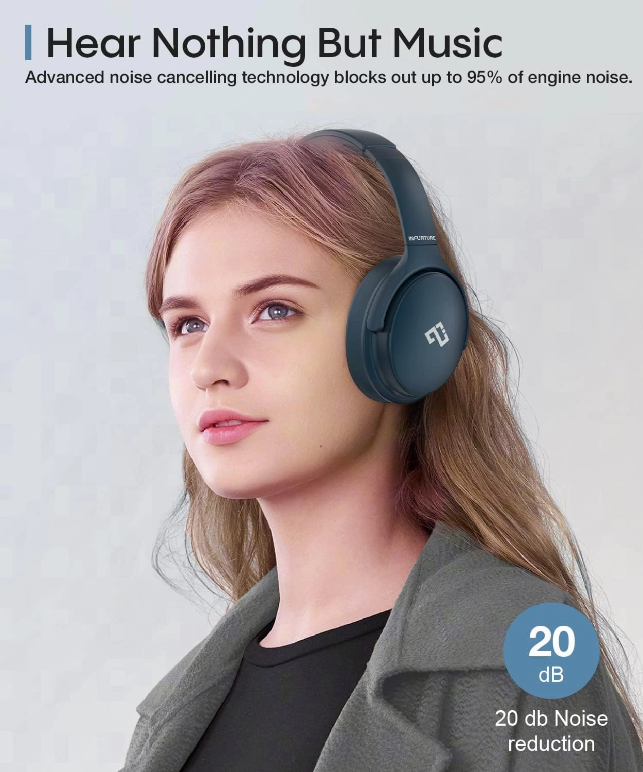 INFURTURE Active Noise Cancelling Headphones, H1 Wireless Over Ear Bluetooth Headphones, Deep Bass Headset, Low Latency, Memory Foam Ear Cups,90H Playtime