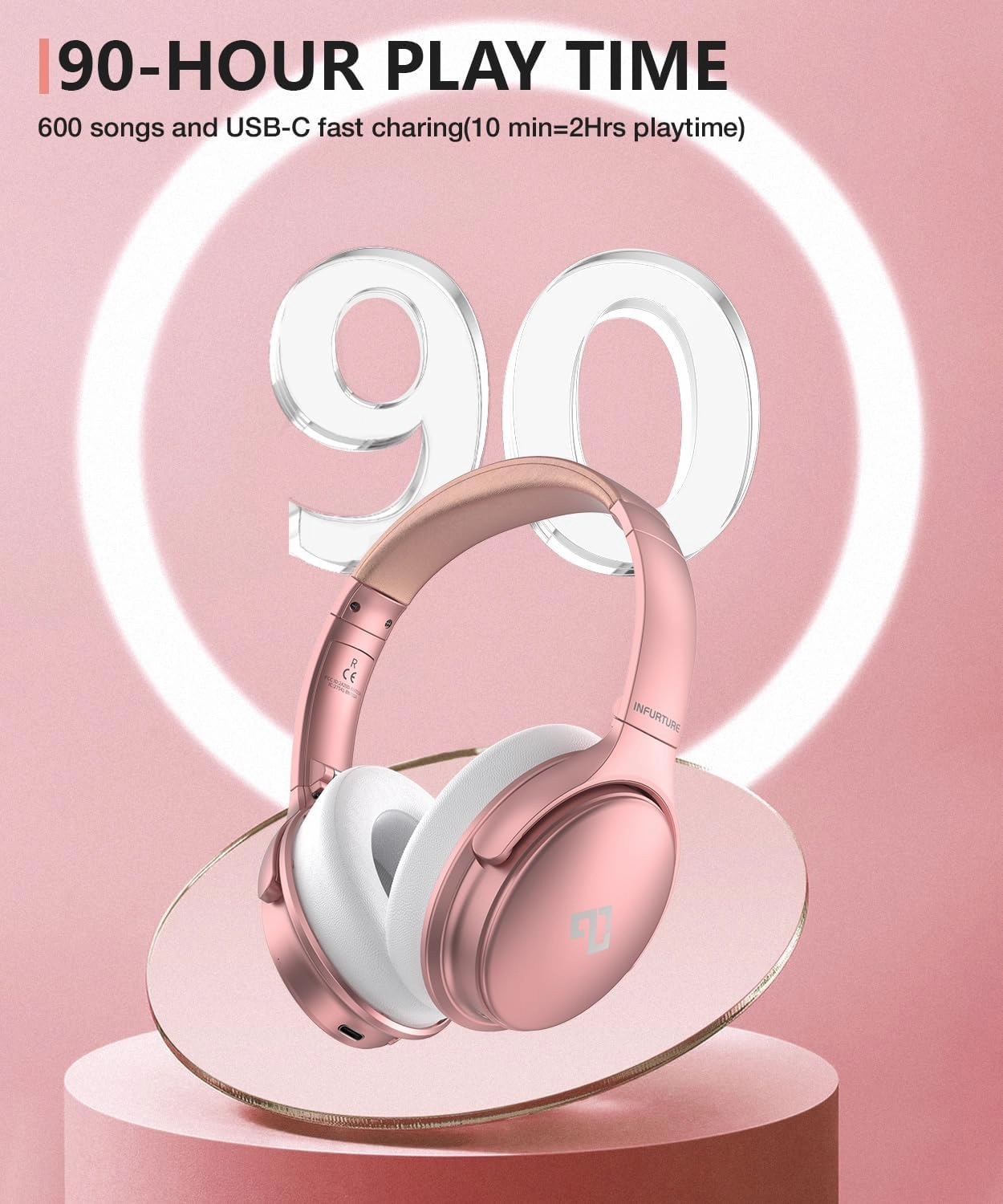 INFURTURE Upgrade Rose Gold Active Noise Cancelling Headphones with Microphone Wireless Over Ear Bluetooth, Deep Bass, Memory Foam Ear Cups, Quick Charge 90H Playtime, for TV, Travel, Home Office