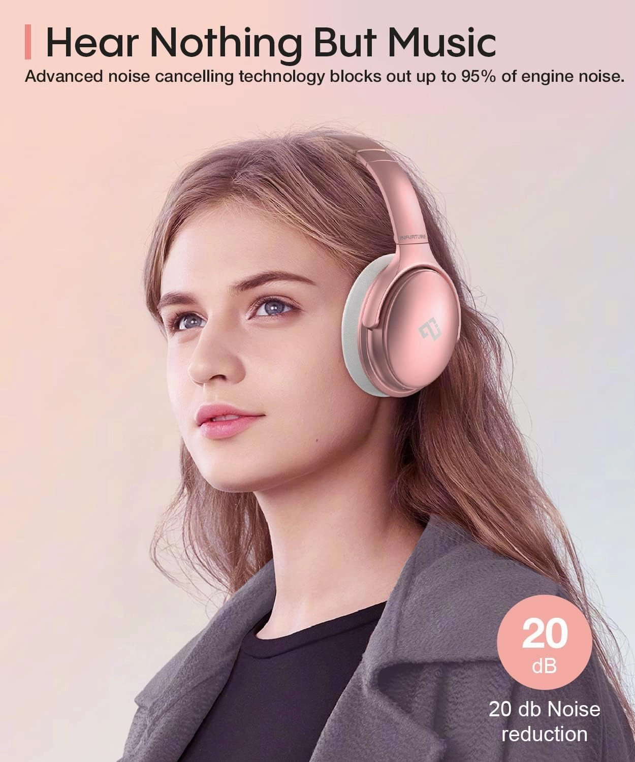 INFURTURE Upgrade Rose Gold Active Noise Cancelling Headphones with Microphone Wireless Over Ear Bluetooth, Deep Bass, Memory Foam Ear Cups, Quick Charge 90H Playtime, for TV, Travel, Home Office