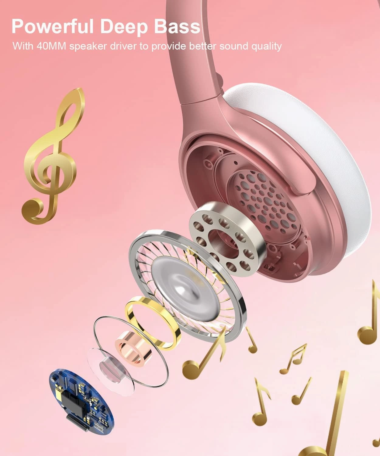 INFURTURE Upgrade Rose Gold Active Noise Cancelling Headphones with Microphone Wireless Over Ear Bluetooth, Deep Bass, Memory Foam Ear Cups, Quick Charge 90H Playtime, for TV, Travel, Home Office