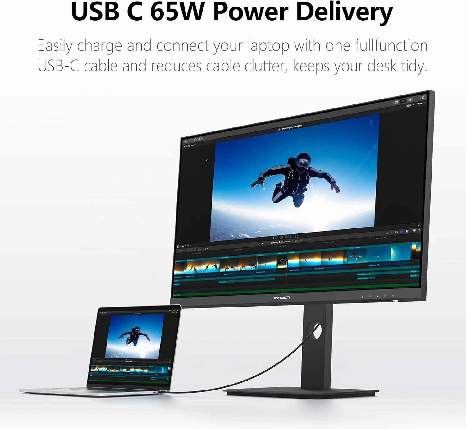 INNOCN 27 Inch 4K Monitor Computer UHD 3840 x 2160 LCD IPS Display, HDR400, USB C 65W, DP, HDMI, PC Monitor for Mac Laptop, 1.07B  Colors, Built-in Speakers, Pivot/Height Adjustable Stand, Black