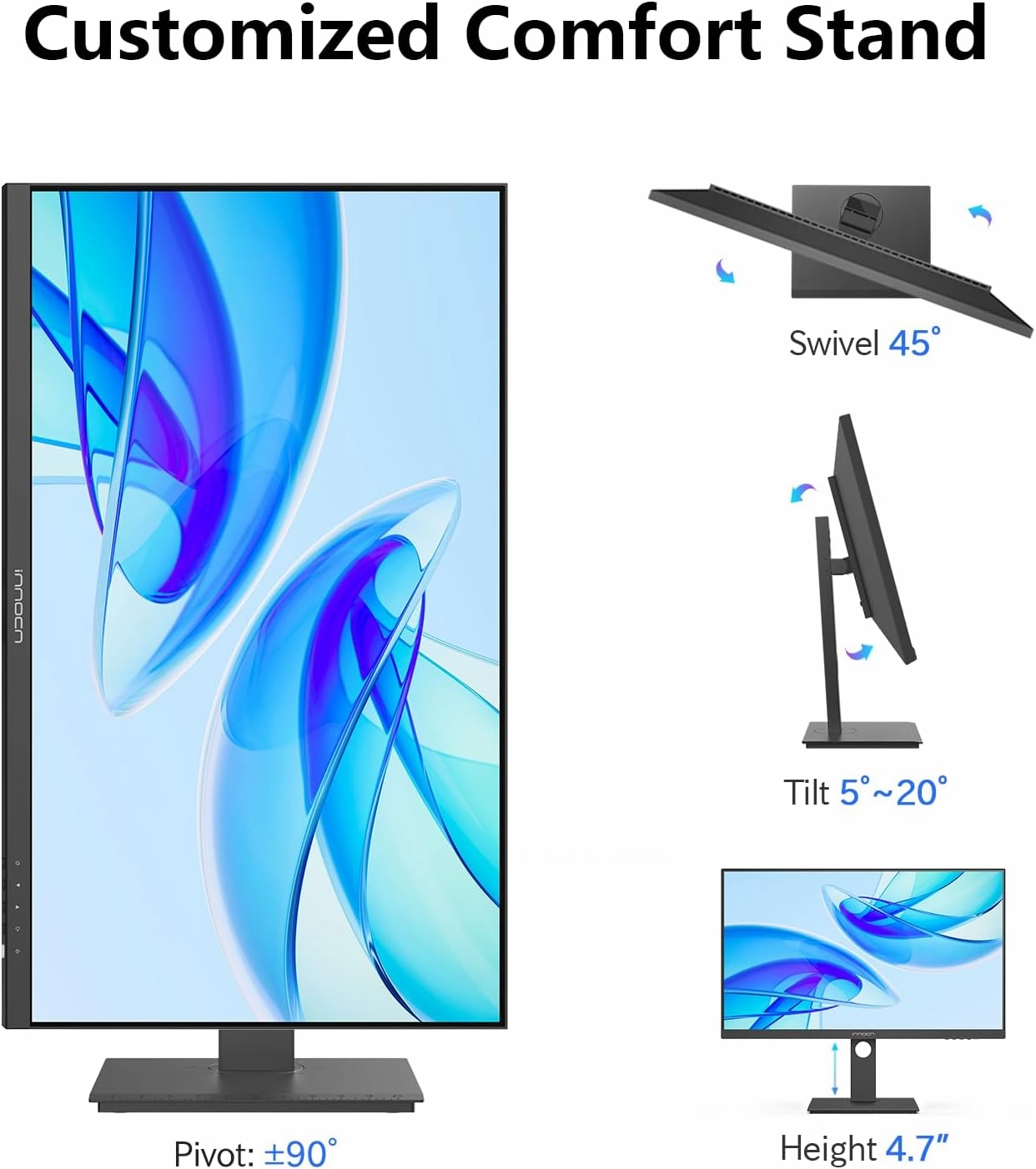 INNOCN 27 Inch 4K Monitor Computer UHD 3840 x 2160 LCD IPS Display, HDR400, USB C 65W, DP, HDMI, PC Monitor for Mac Laptop, 1.07B  Colors, Built-in Speakers, Pivot/Height Adjustable Stand, Black