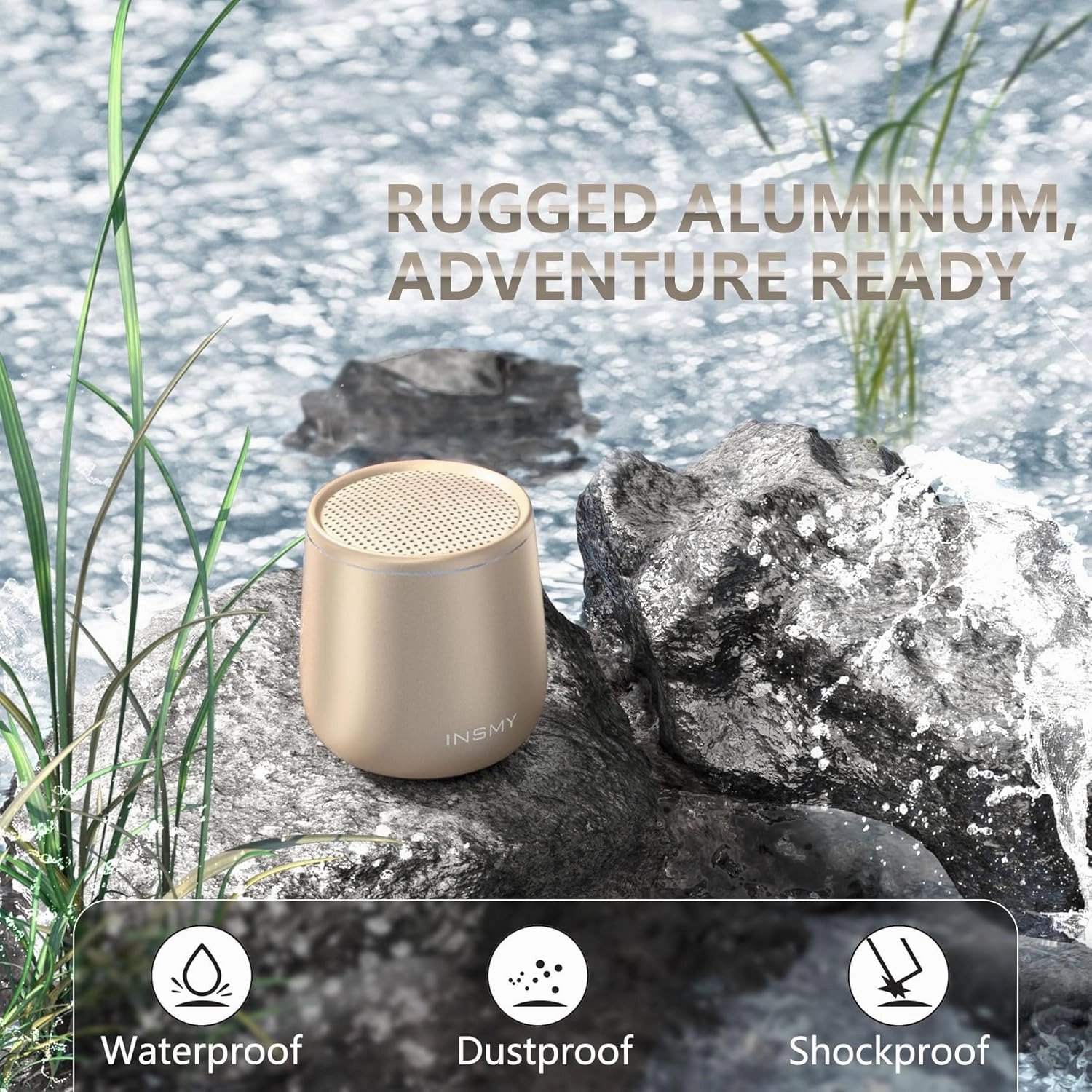 INSMY Small Bluetooth Speaker, Waterproof Mini Portable Wireless Speaker, Punchy Bass Rich Audio Stereo Pairing, Handheld Pocket Size,Built in Mic for Hiking Biking Gift Laptop Tablet (Gold)