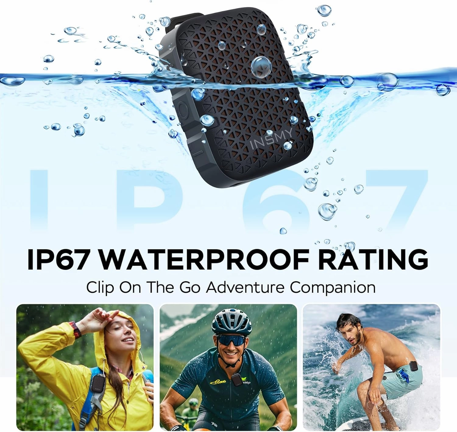 INSMY Wearable Bluetooth Speakers,IP67 Waterproof,Clip-On Portable Small Personal Speaker/Clean Sound/Stereo Pair/Wireless 5.4/ENC Built-in Mic/Lightweight for Outdoor Golf Work Pool (Black)