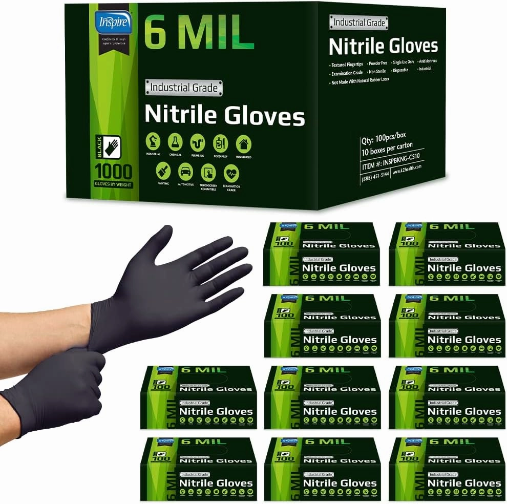 Inspire HEAVY DUTY 6Mil ORIGINAL Quality Stretch Nitrile Black Gloves Disposable Latex Free |Medical, Food, Mechanic Tattoo vinyl accessories,turntable parts,record player tools,