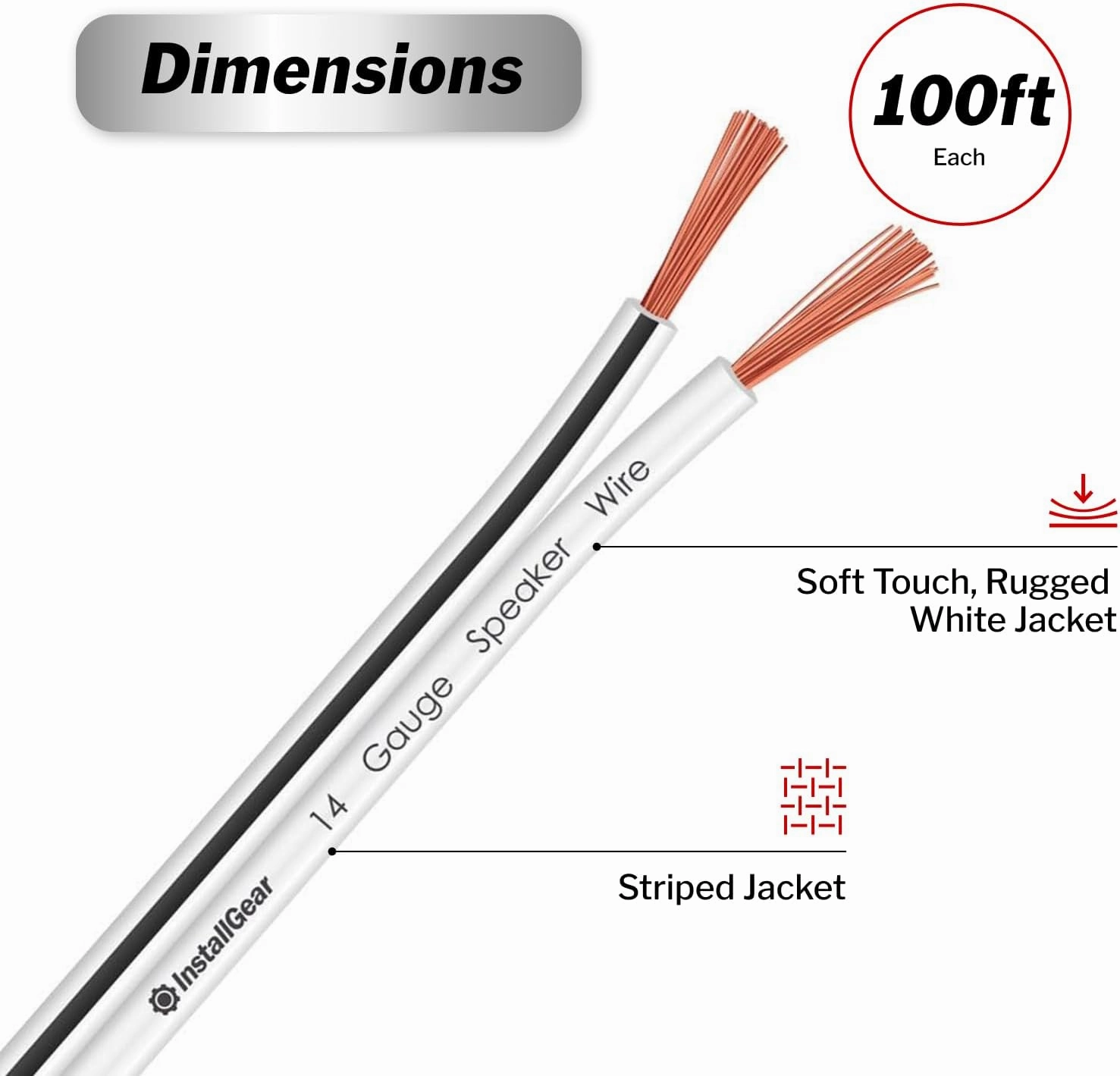 InstallGear 14 Gauge AWG Speaker Wire Cable (100ft - White) | White Speakers Cable | Speaker Wire for Outdoor, Automotive, and Marine