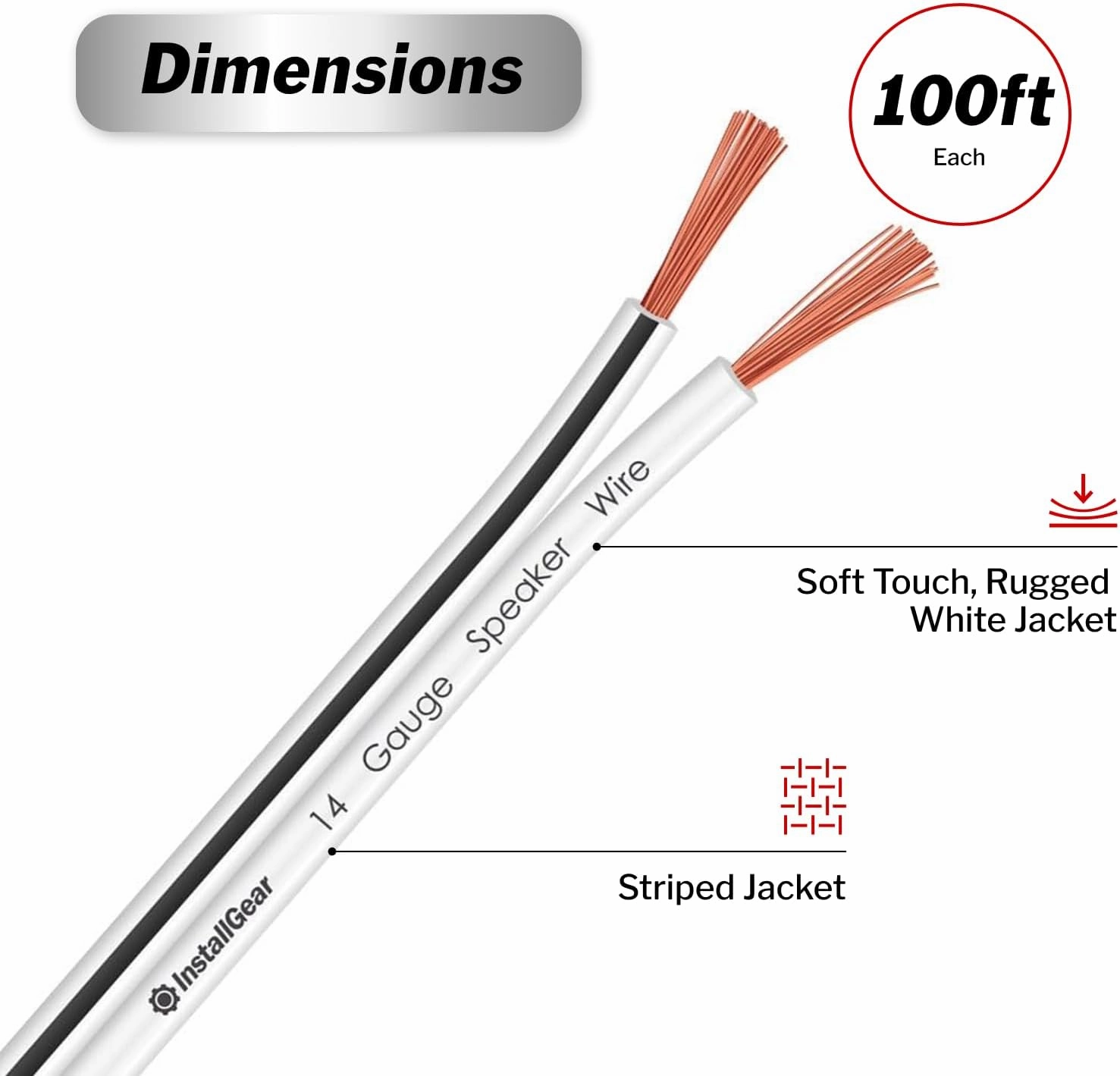 InstallGear 14 Gauge AWG Speaker Wire Cable (100ft - White) | White Speakers Cable | Speaker Wire for Outdoor, Automotive, and Marine