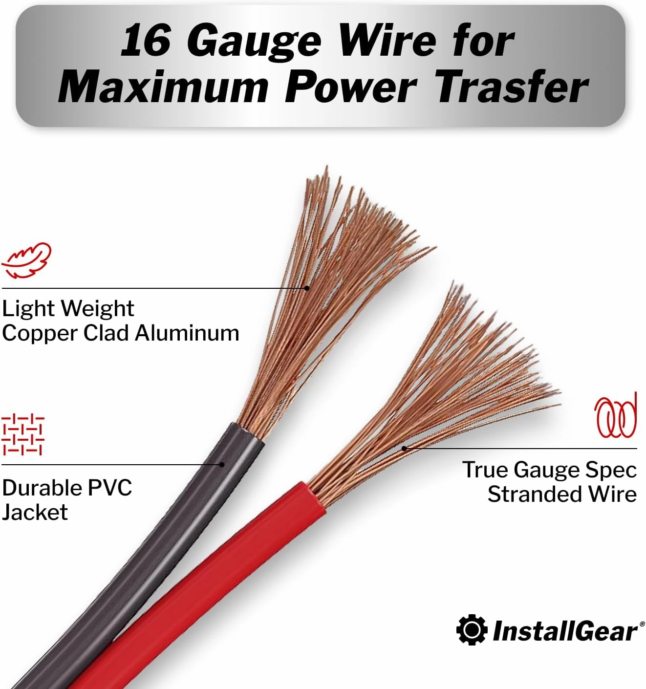 InstallGear 16 Gauge Speaker Cable - 100 ft True Spec Soft Touch Audio Wire for Car Stereos, Home Theater, Surround Sound - Flexible 16 AWG Speaker Wire - Easy Installation - Red/Black