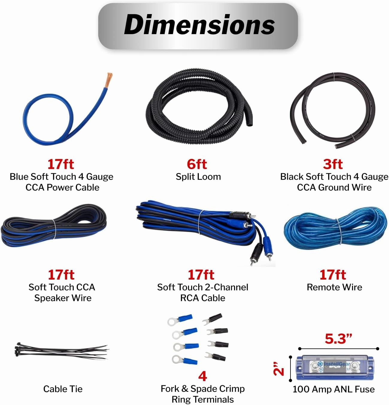 InstallGear 4 Gauge Amp Wiring Kit - 17ft Amplifier Subwoofer Wiring Kit with True Spec Cables - Power Soft Touch Wire Set for Car Audio Installation - Blue