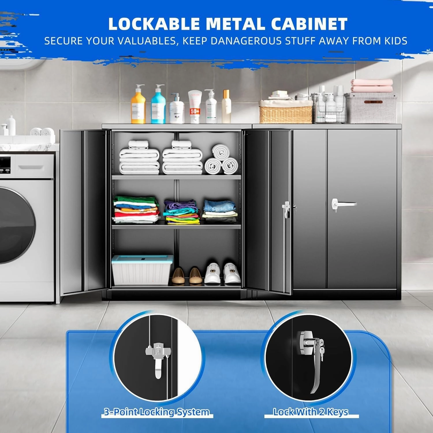 INTERGREAT Metal Storage Cabinets, 42" Lockable Garage Storage Cabinet with 2 Doors and 2 Adjustable Shelves, Black Steel File Cabinet Great for Home Office, Garage, Warehouse, Study Room