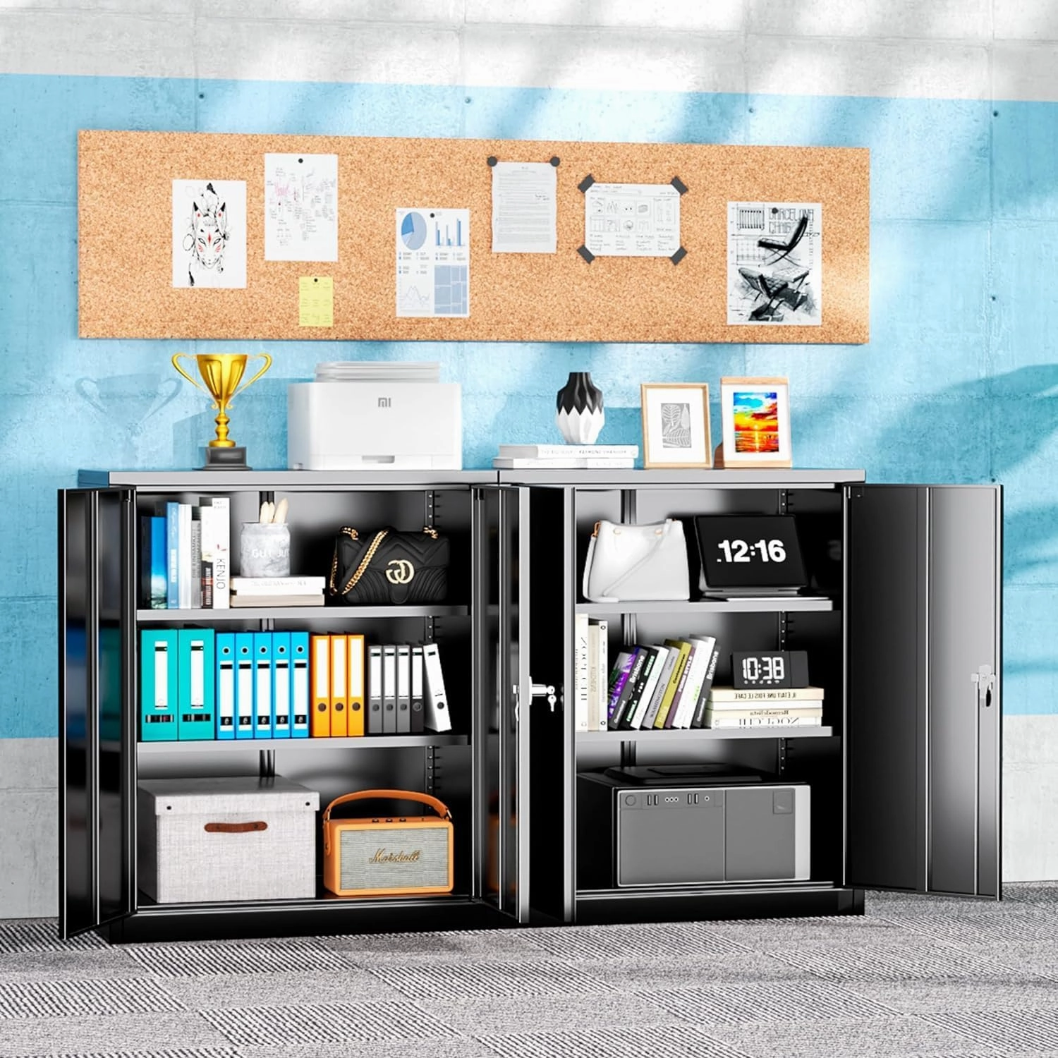 INTERGREAT Metal Storage Cabinets, 42" Lockable Garage Storage Cabinet with 2 Doors and 2 Adjustable Shelves, Black Steel File Cabinet Great for Home Office, Garage, Warehouse, Study Room