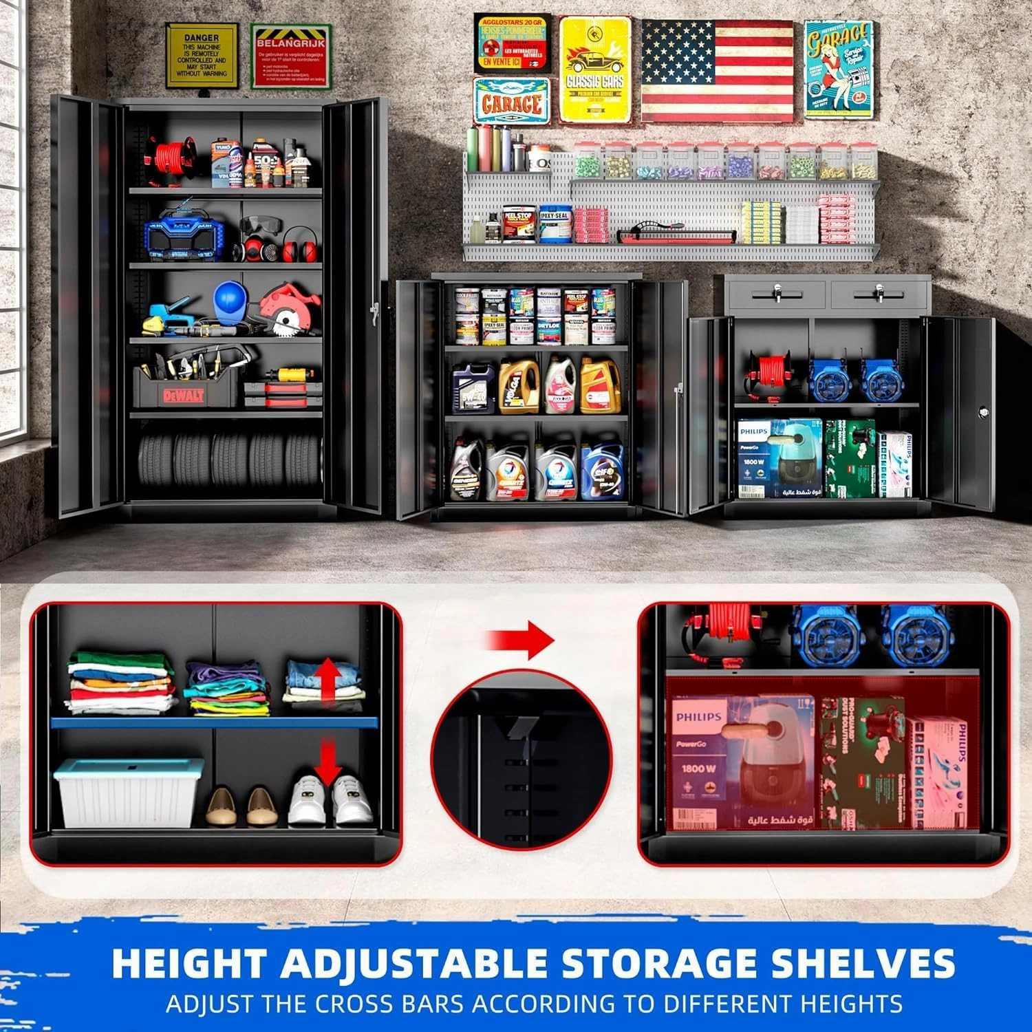 INTERGREAT Metal Storage Cabinets, 42" Lockable Garage Storage Cabinet with 2 Doors and 2 Adjustable Shelves, Black Steel File Cabinet Great for Home Office, Garage, Warehouse, Study Room