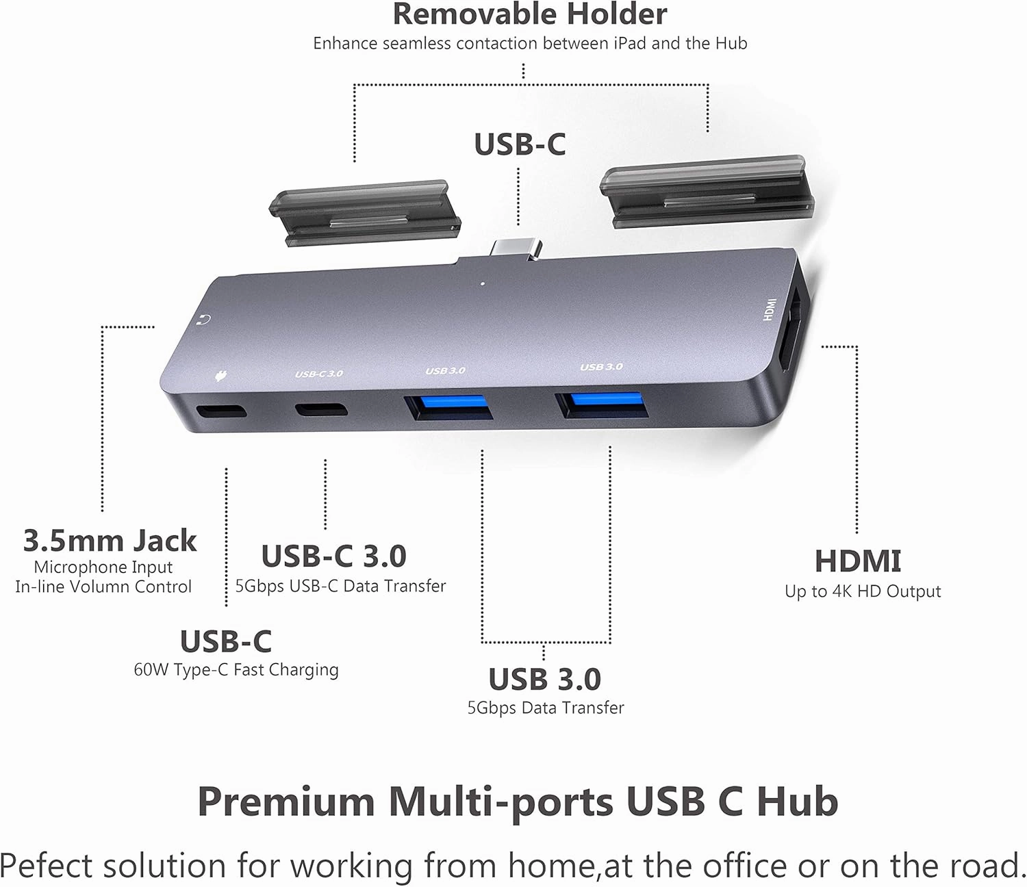 iPad Pro USB C Hub adapter with 4K HDMI,3.5mm Jack,2 x USB3.0,PD 60W,USB C Data,SD/TF Card Slot,6in1 adapter for M2 M1 iPad Pro 11 12.9 2022-2018,iPad Air/Mini