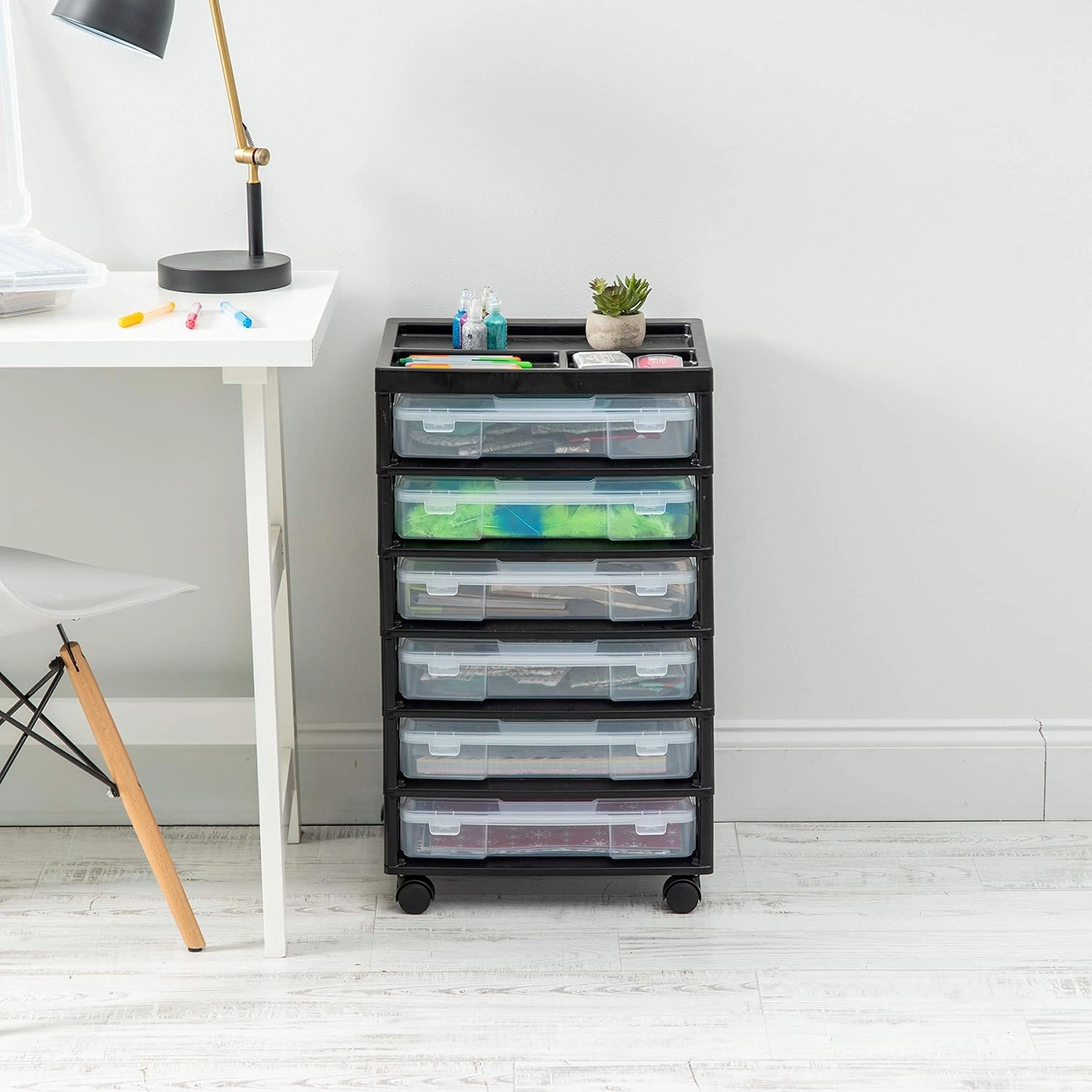 IRIS USA Fits 12" x 12" Paper, 6-Tier Scrapbook Movable Storage Cart with Organizer for Stationery Vinyl Tools Office Art and Craft Supplies, Yarn, Black Frame with 6 Clear Cases w/ Built in Handle