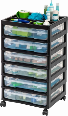 IRIS USA Fits 12" x 12" Paper, 6-Tier Scrapbook Movable Storage Cart with Organizer for Stationery Vinyl Tools Office Art and Craft Supplies, Yarn, Black Frame with 6 Clear Cases w/ Built in Handle vinyl storage,record holder,LP organizer,