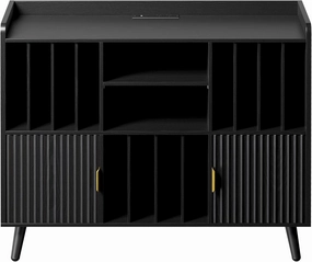 IRONCK Record Player Stand, Vinyl Record Storage with Power Outlet and Blister Door, Vintage Record Cabinet for Living Room, Music Room, Office, Black vinyl storage,record holder,LP organizer,
