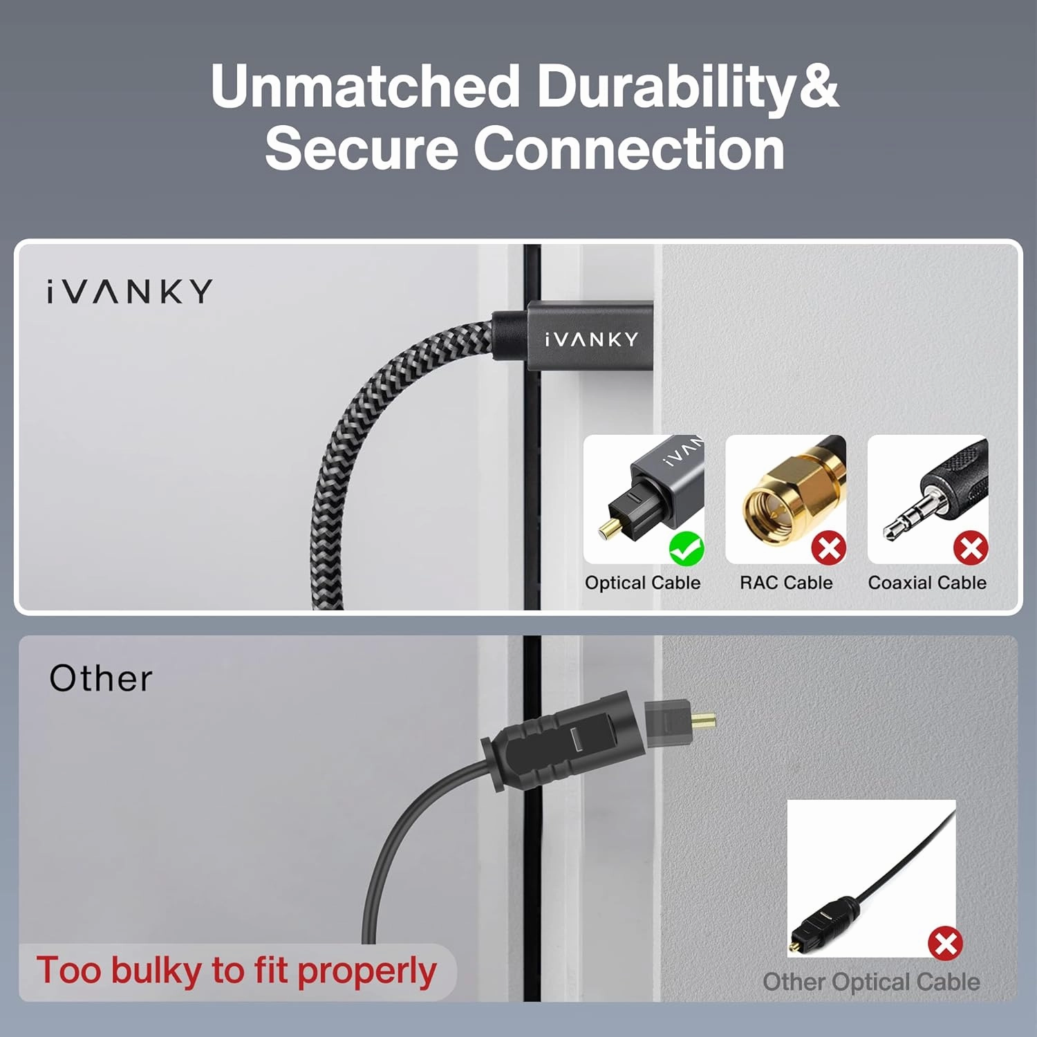 IVANKY Optical Audio Cable 10ft/3M Long Digital Audio Optical Cable for Soundbar, S/PDIF Toslink Fiber Optic Cord [Braided, Gold-Plated Connectors, CL3 Rated] for TV, Home Cinema, Xbox/PS4, Sonos