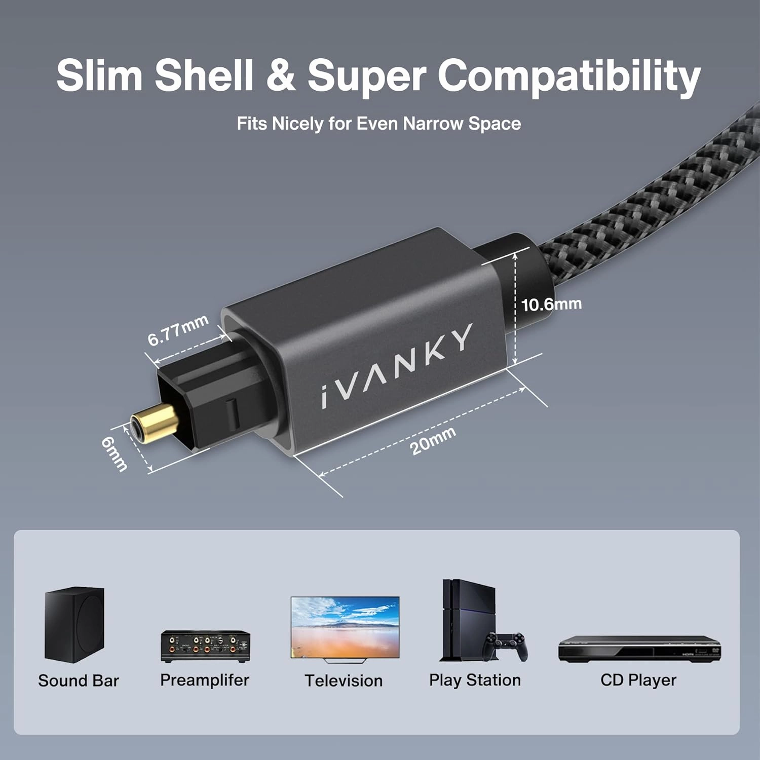 IVANKY Optical Audio Cable 10ft/3M Long Digital Audio Optical Cable for Soundbar, S/PDIF Toslink Fiber Optic Cord [Braided, Gold-Plated Connectors, CL3 Rated] for TV, Home Cinema, Xbox/PS4, Sonos