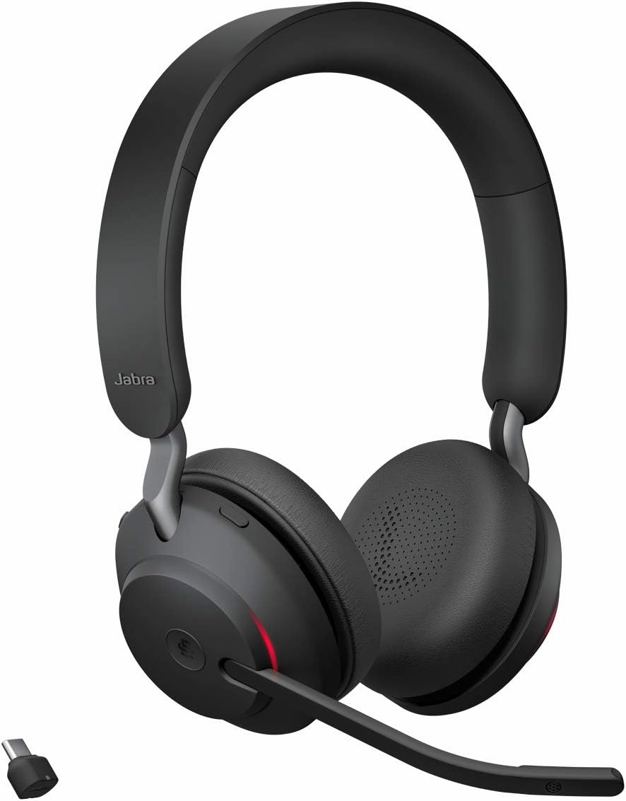 Jabra Evolve2 65 MS Wireless Headphones with Link380c, Stereo, Black  Wireless Bluetooth Headset for Calls and Music, 37 Hours of Battery Life, Passive Noise Cancelling Headphones