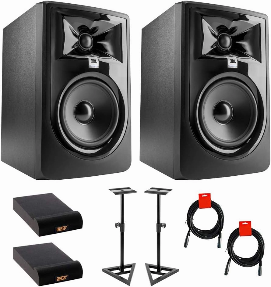 JBL 305P MkII Powered 5" Studio Monitor (Pair) Bundle with Studio Monitor Stands (Pair), 2X Small Pads & XLR-XLR Cable studio monitors,nearfield speakers,mixing reference monitors,