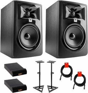 JBL 305P MkII Powered 5" Studio Monitor (Pair) Bundle with Studio Monitor Stands (Pair), 2X Small Pads & XLR-XLR Cable studio monitors,nearfield speakers,mixing reference monitors,