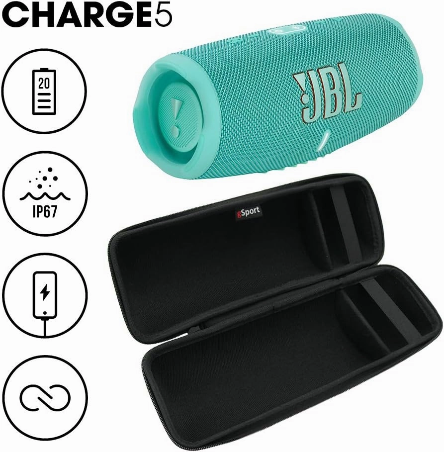 JBL Charge 5 Waterproof Portable Speaker with Built in Powerbank and gSport Carbon Fiber Case (Teal)