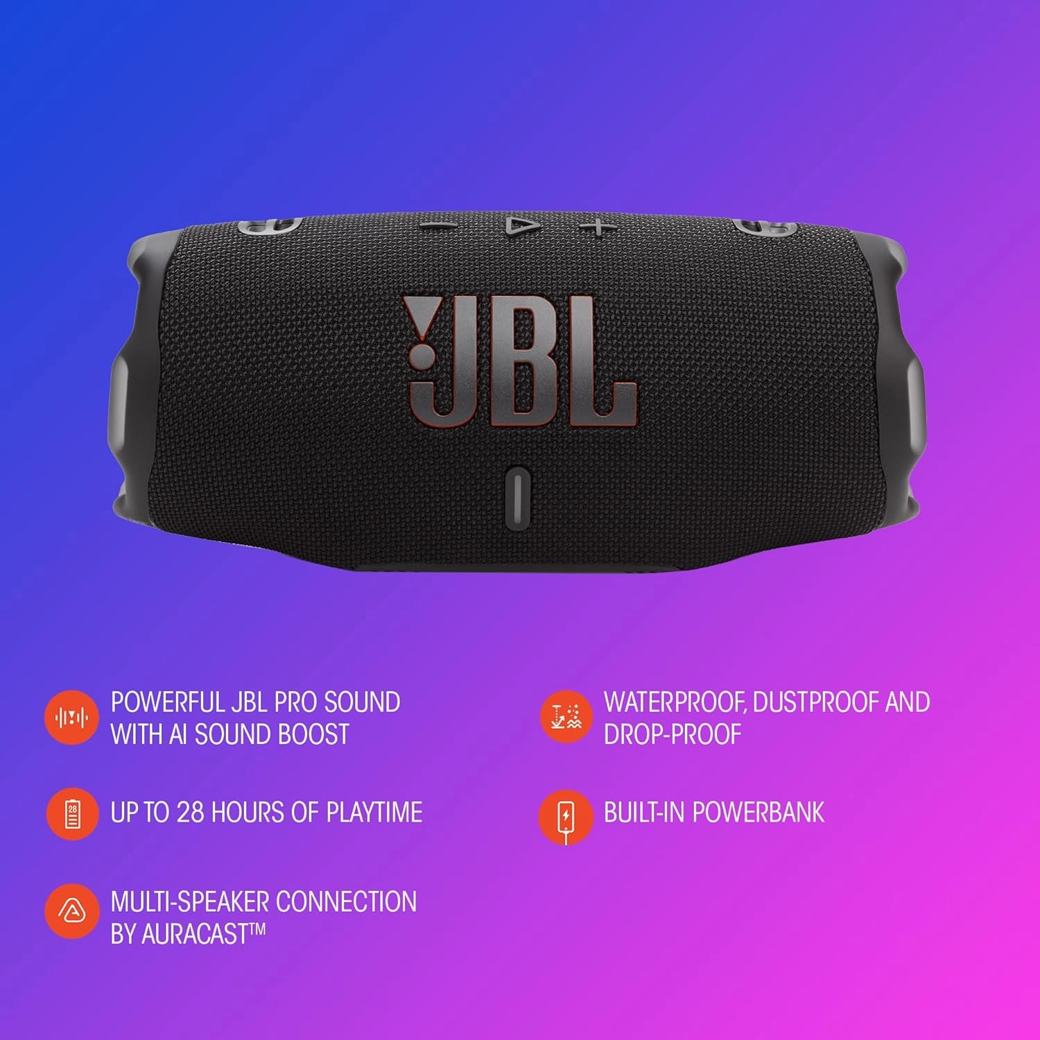 JBL Charge 6 - Portable Waterproof & Drop-Proof Bluetooth Speaker, Bold Pro Sound with AI Sound Boost, 28Hrs of Playtime, Built-in powerbank & Comes with a Sturdy/Removable Carrying Strap (Blue)