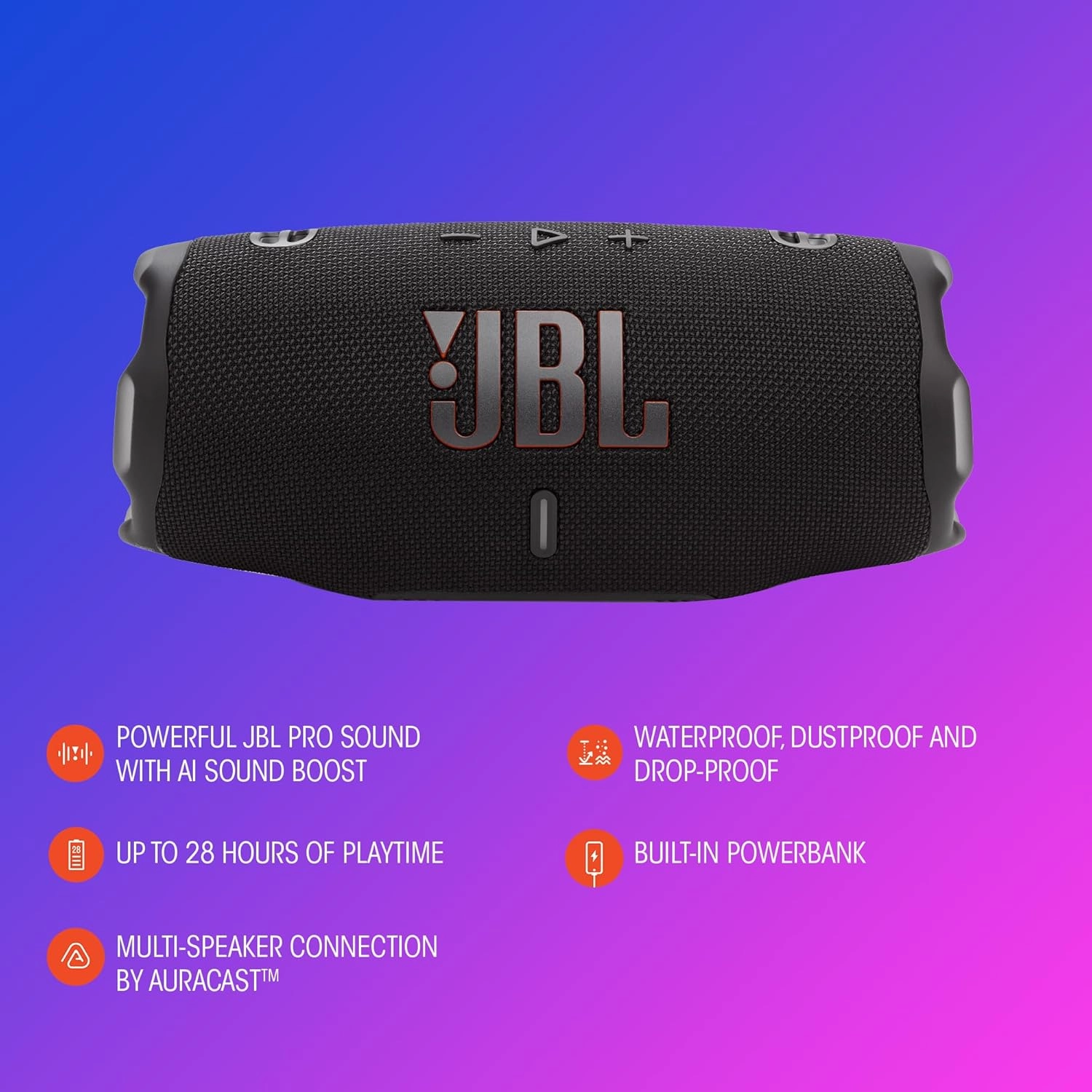 JBL Charge 6 - Portable Waterproof & Drop-Proof Bluetooth Speaker, Bold Pro Sound with AI Sound Boost, 28Hrs of Playtime, Built-in powerbank & Comes with a Sturdy/Removable Carrying Strap (Blue)