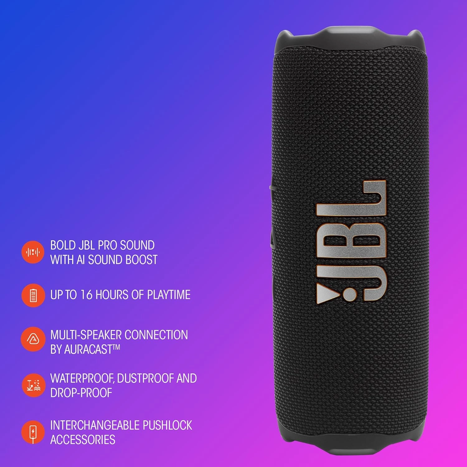 JBL Flip 7 - Portable Waterproof and Drop-Proof Speaker, Bold Pro Sound with AI Sound Boost, 16Hrs of Playtime, and PushLock System with Interchangeable Accessories (Blue)