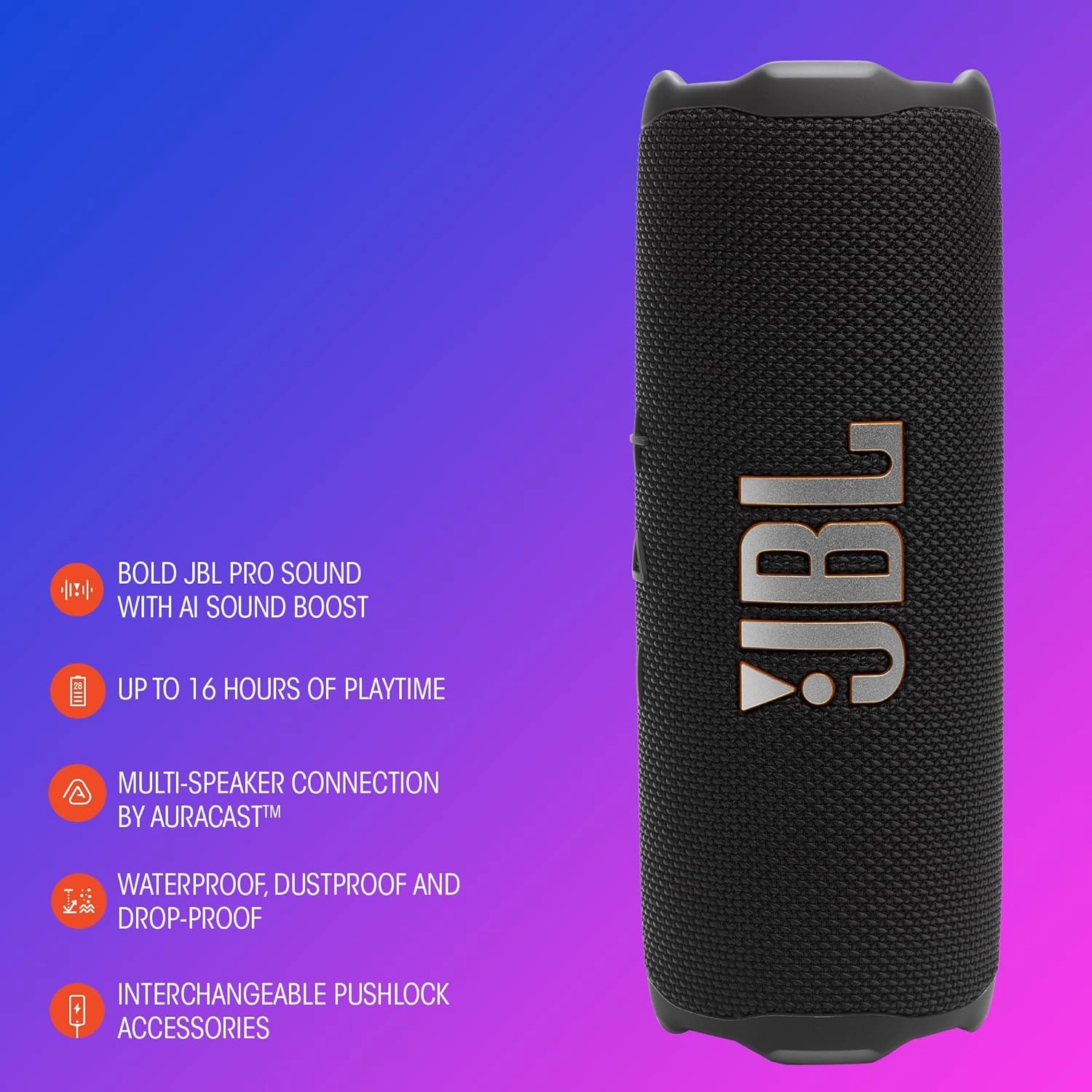 JBL Flip 7 - Portable Waterproof and Drop-Proof Speaker, Bold Pro Sound with AI Sound Boost, 16Hrs of Playtime, and PushLock System with Interchangeable Accessories (Blue)
