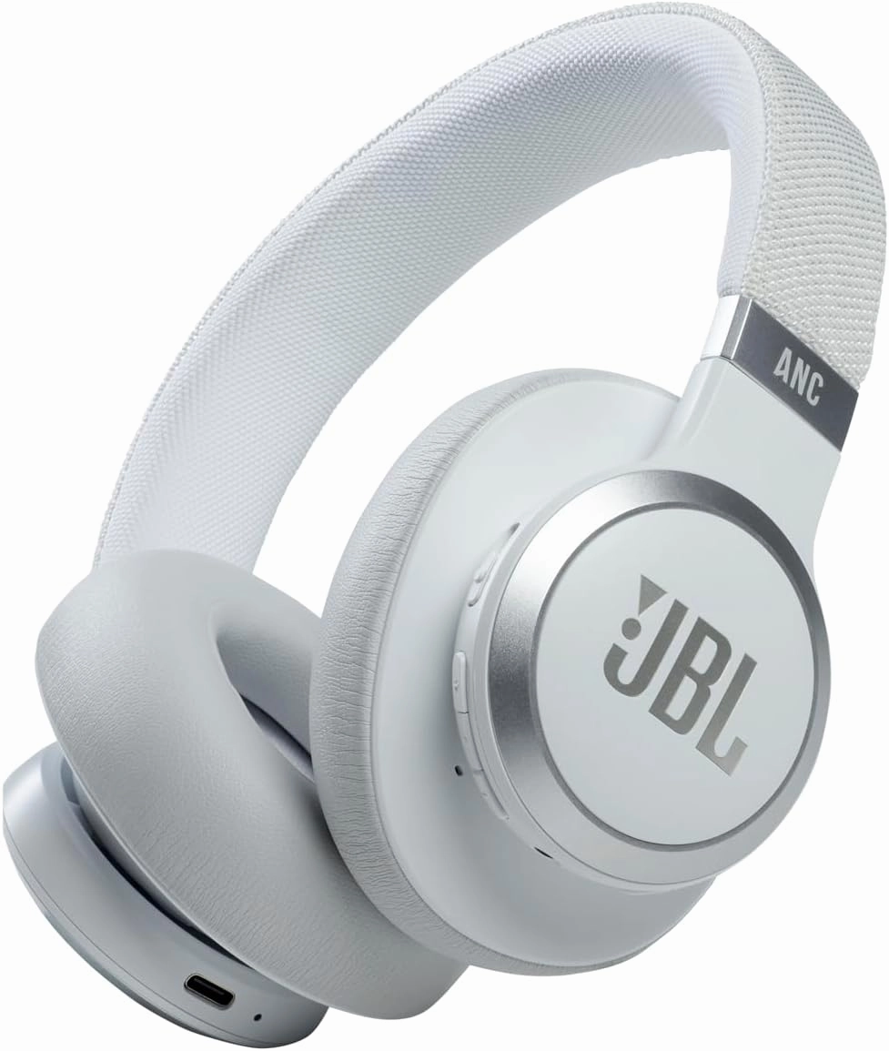 JBL Live 660NC - Wireless Over-ear Noise Cancelling headphones, JBL Signature Sound, Voice Assist, Up to 50Hrs of Battery with Speed Charging, Comfort-fit fabric headband and carrying pouch (White) noise cancelling headphones,ANC headphones,travel headphon
