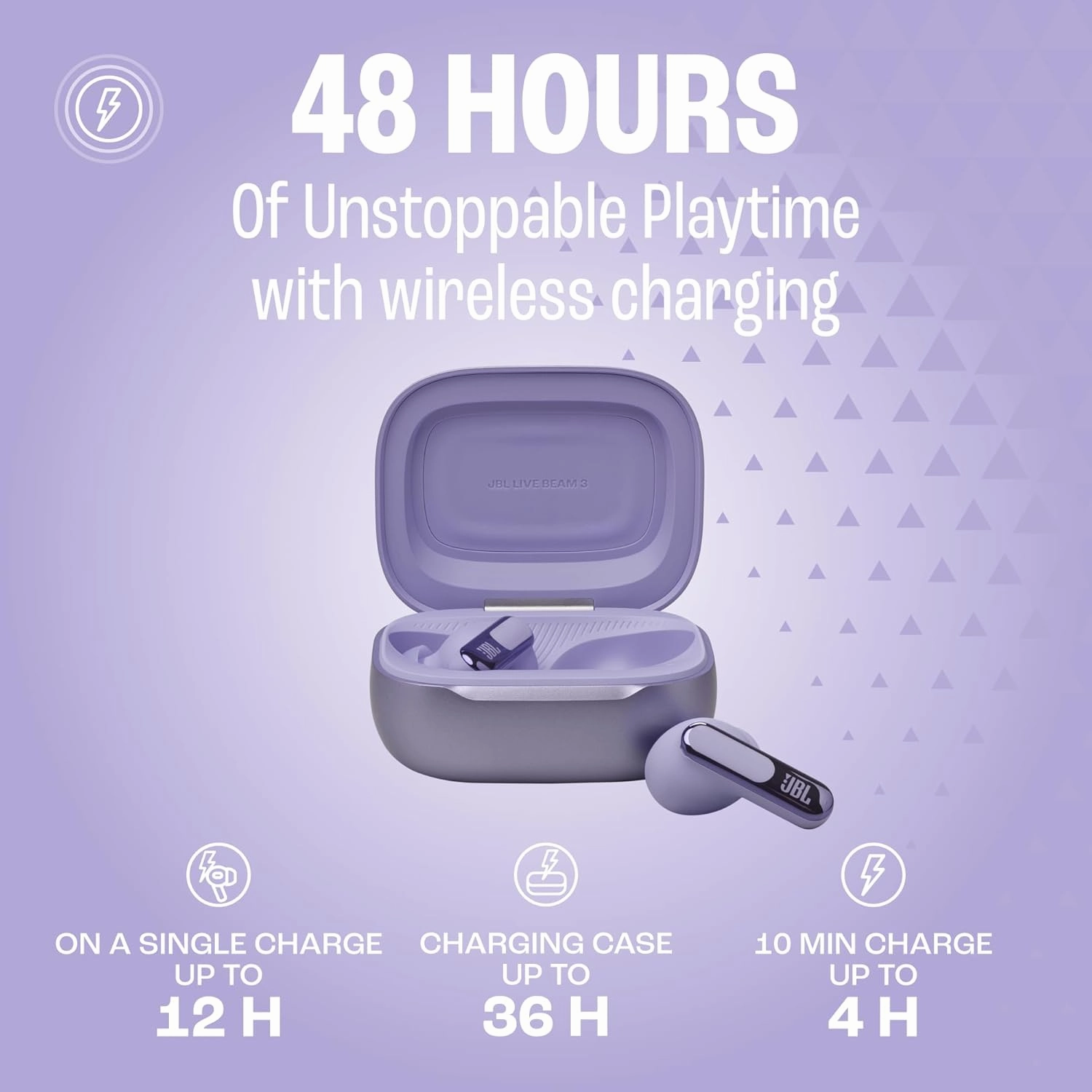 JBL Live Beam 3 - True wireless noise-cancelling closed-stick earbuds, 48Hrs total playback, Wireless Charging, 6 Mics for perfect calls, Multi-point connection, IP55 waterproof and dustproof (Purple)