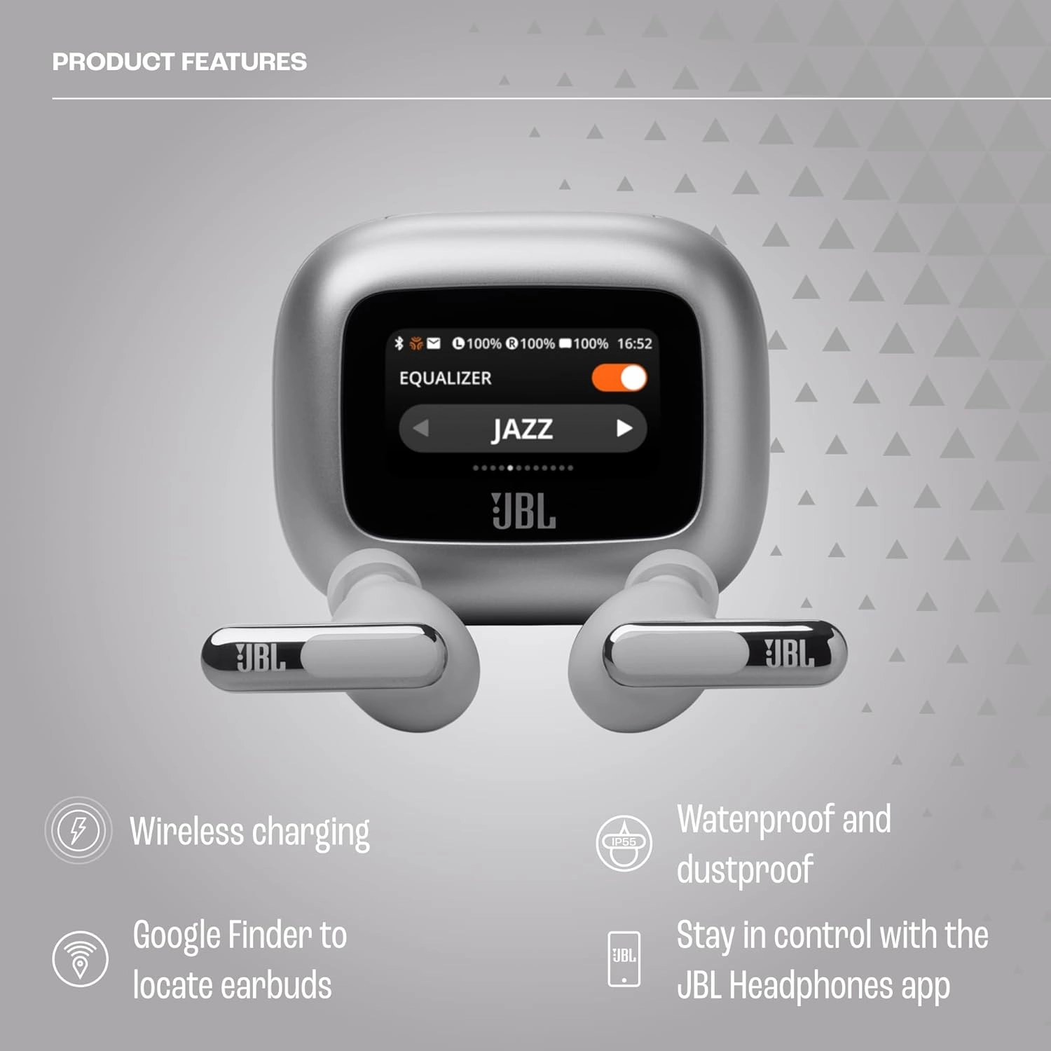 JBL Live Beam 3 - True wireless noise-cancelling stick-closed earbuds, 48Hrs total playback, Wireless Charging, 6 Mics for perfect calls, Multi-point connection, IP55 waterproof and dustproof (Silver)